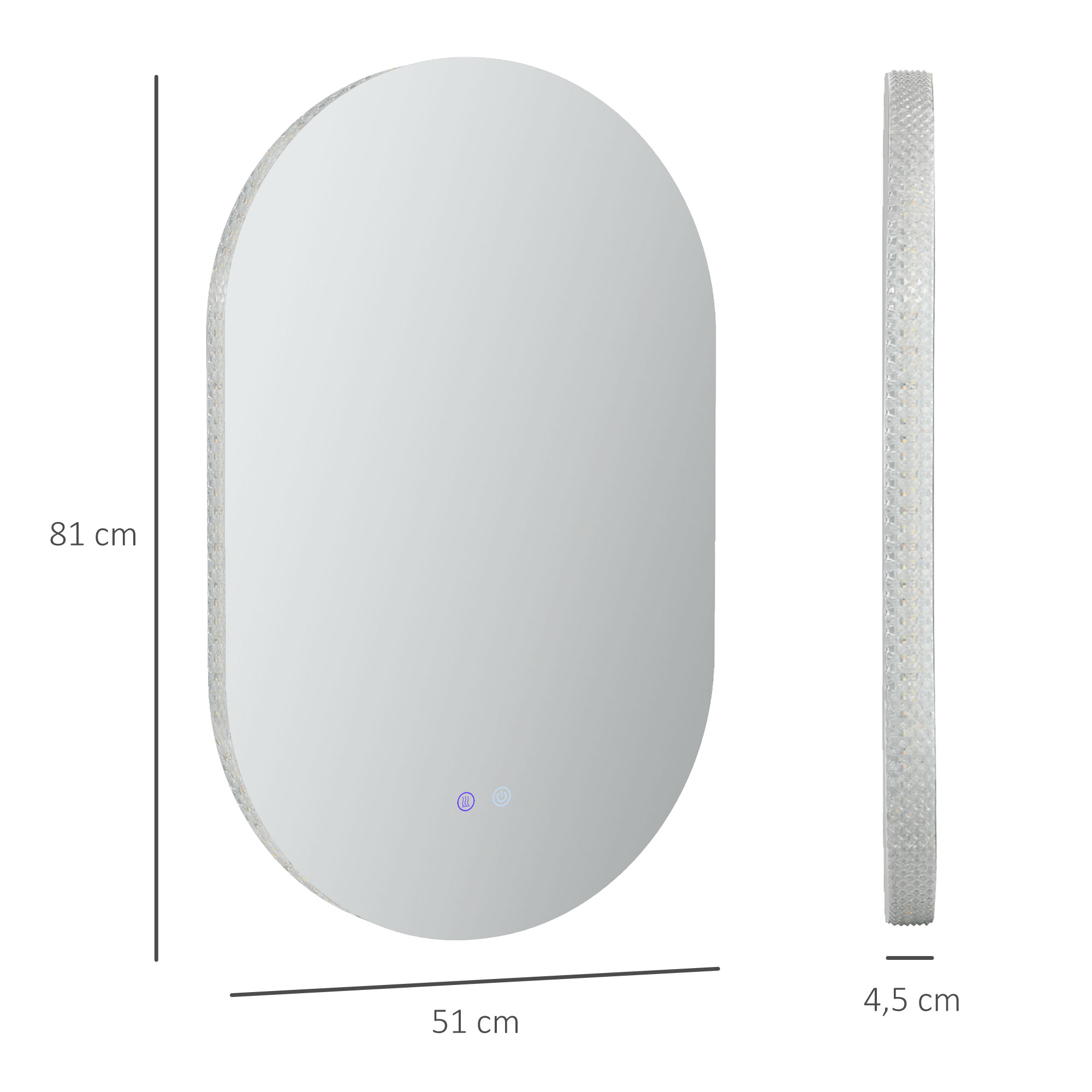kleankin Miroir Salle de Bain Mural, Miroir de Salle de Bain Ovale LED 80 x 50 cm - antibuée, Couleurs, luminosité réglable Interrupteur Tactile décor Acrylique