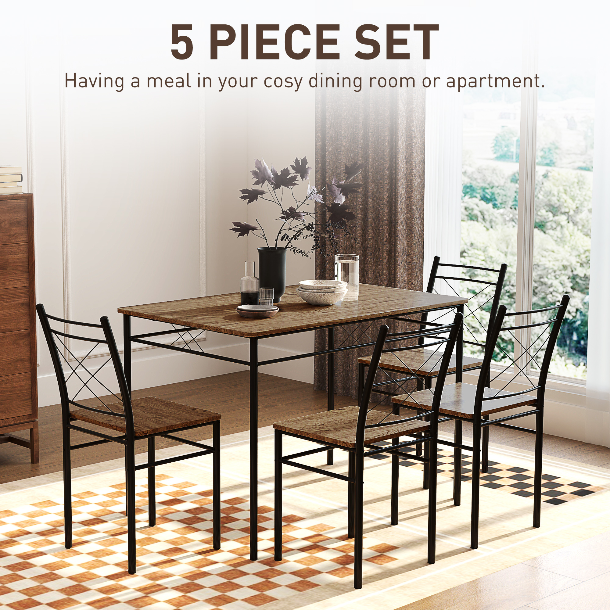 HOMCOM Five-Piece Minimal Dining Set Oak-Effect/Black 4