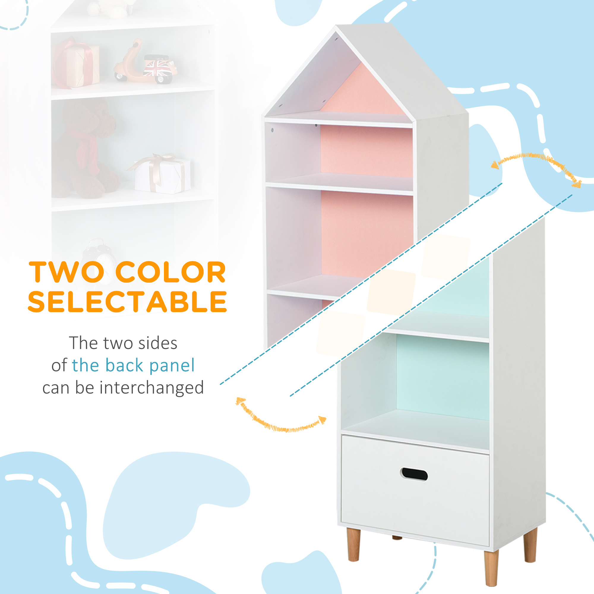 HOMCOM Kids Children Wooden Bookcase w/Drawer Bedroom Furniture Bookshelf Storage Rack Display Unit Toys Games Organisation Cabinet Pink Blue Back Panel 50 x 30 x 142 cm 5
