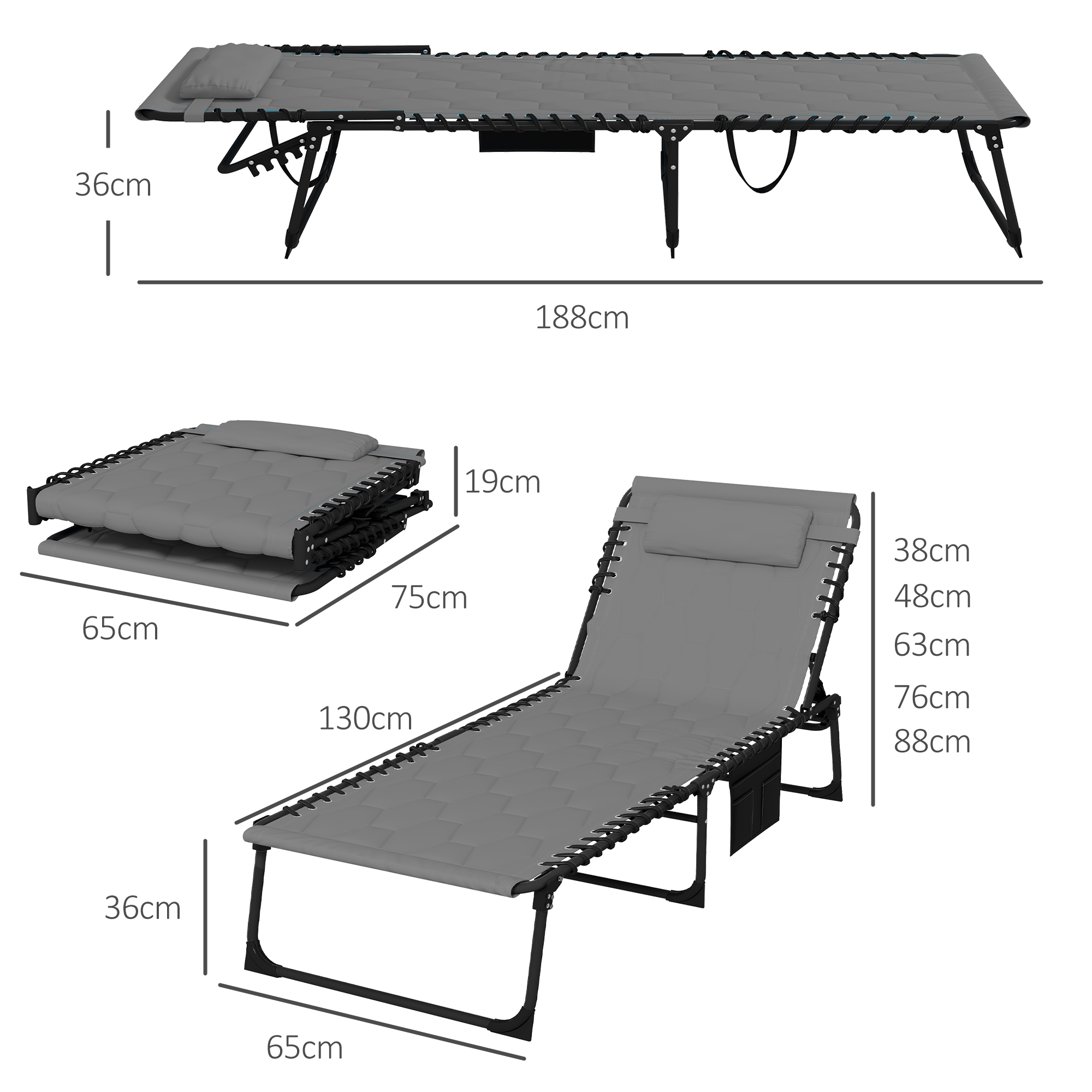 Outsunny Foldable Sun Lounger with 5-level Reclining Back, Outdoor Tanning Chair Sun Lounger with Build-in Padded Seat, Side Pocket, Headrest for Beach, Yard, Patio, Grey 3