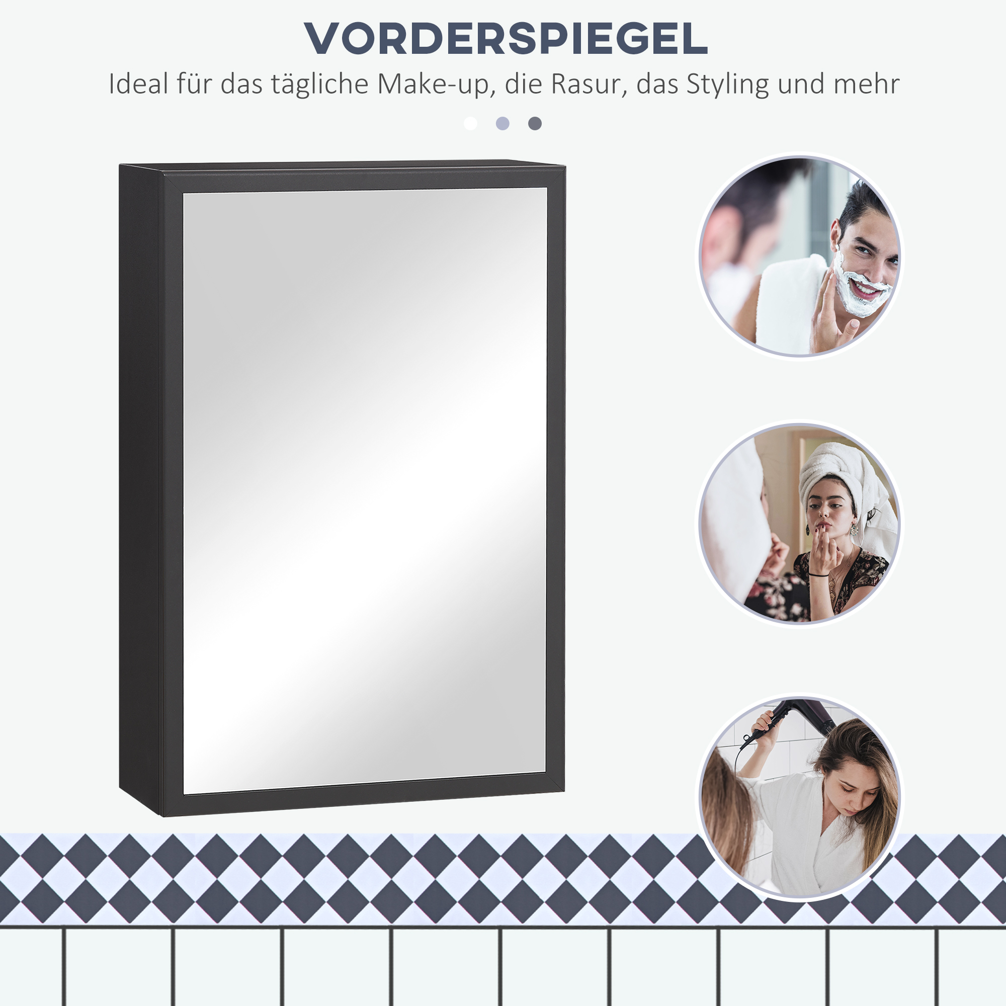Peegelkapp, 3 riiulit, pehmed hinged, terasest korpus, must, 40 x 15 x 60 cm