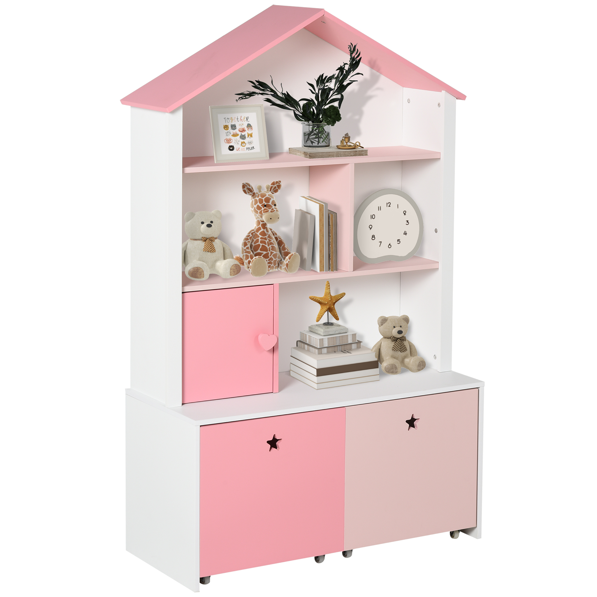 HOMCOM Estantería de Madera Infantil Librería para Niños con 4 Compartimentos 1 Puerta y 2 Cajones Extraíbles con Ruedas para Libros | Aosom España