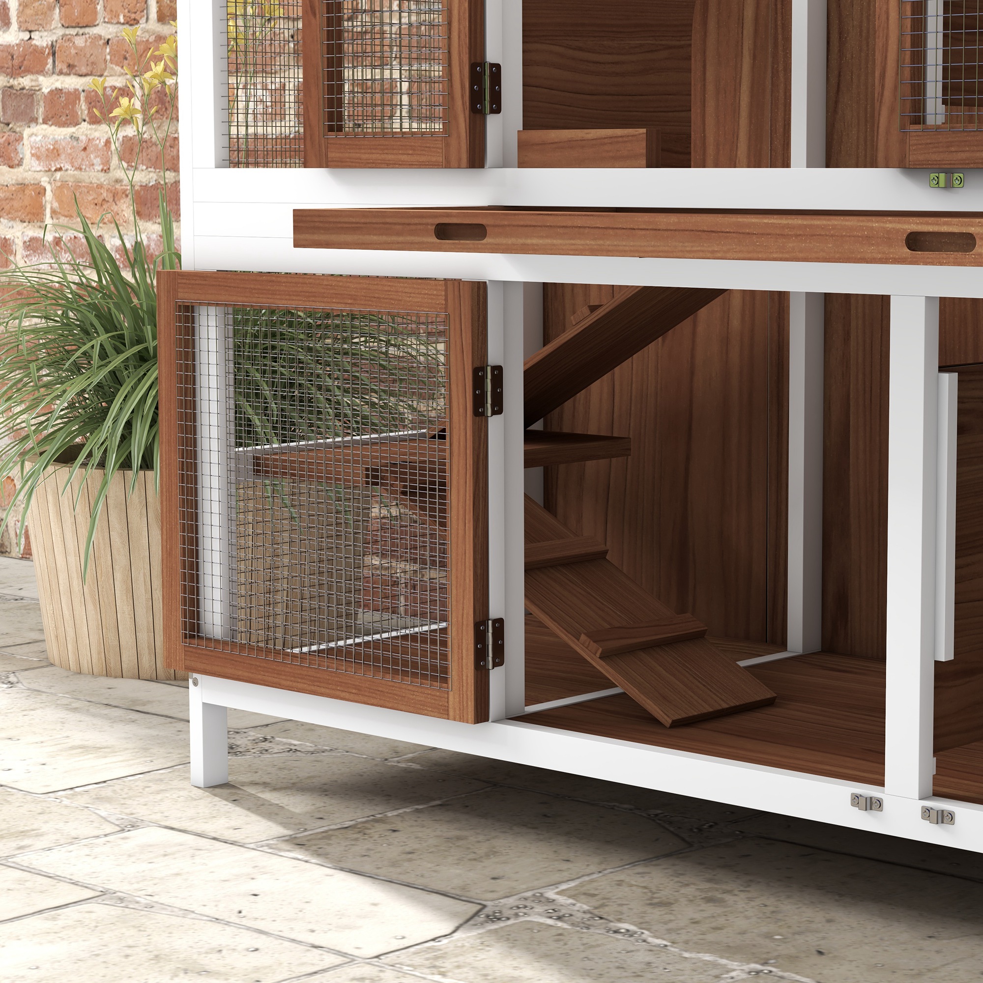 PawHut Two-Tier Wooden Pet Hutch with Openable Roof, Slide-Out Tray 8