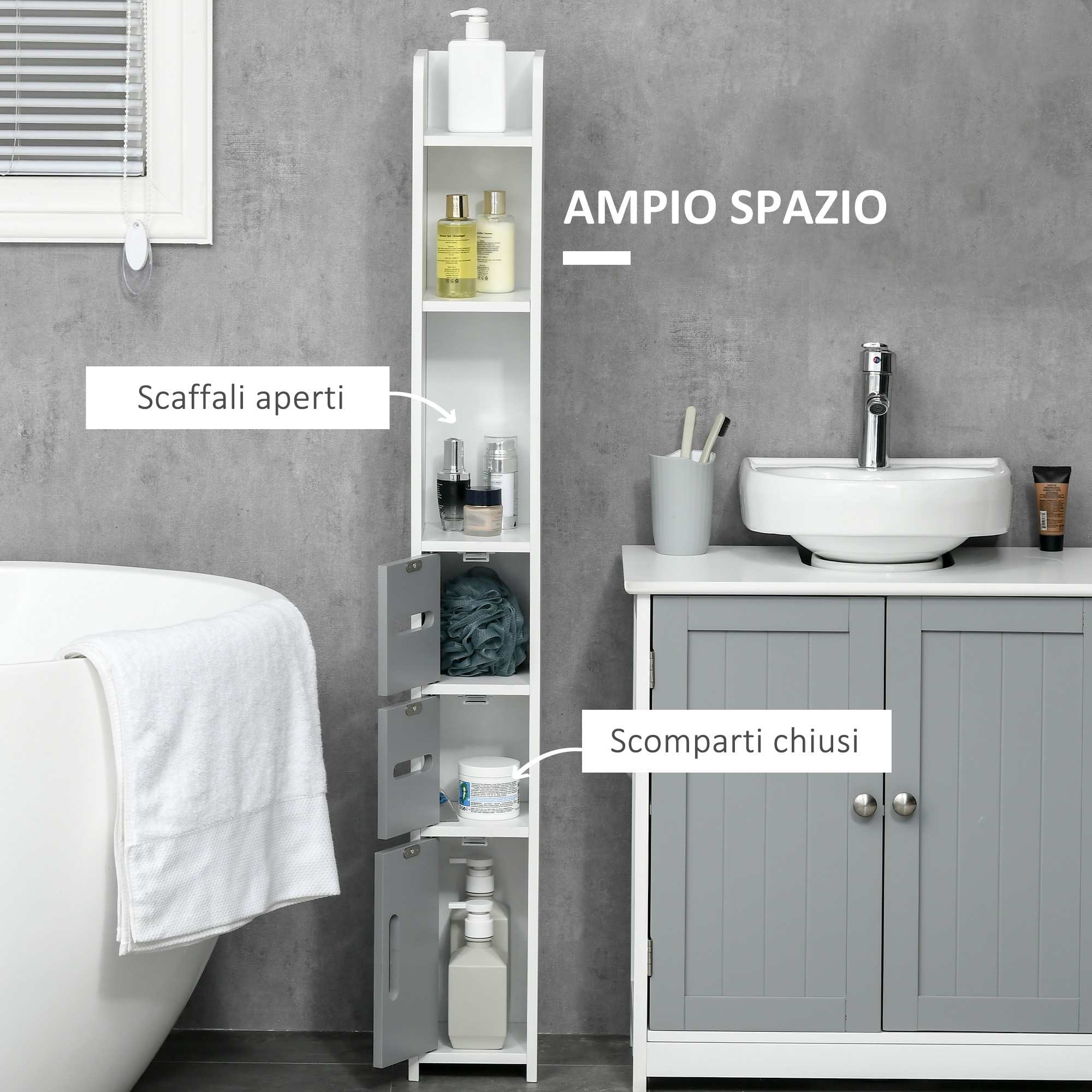 kleankin Mobile alto per bagno 2 porte ripiano regolabile 2 nicchie specchio mobile 30 x 30 x 183 cm rovere grigio scuro