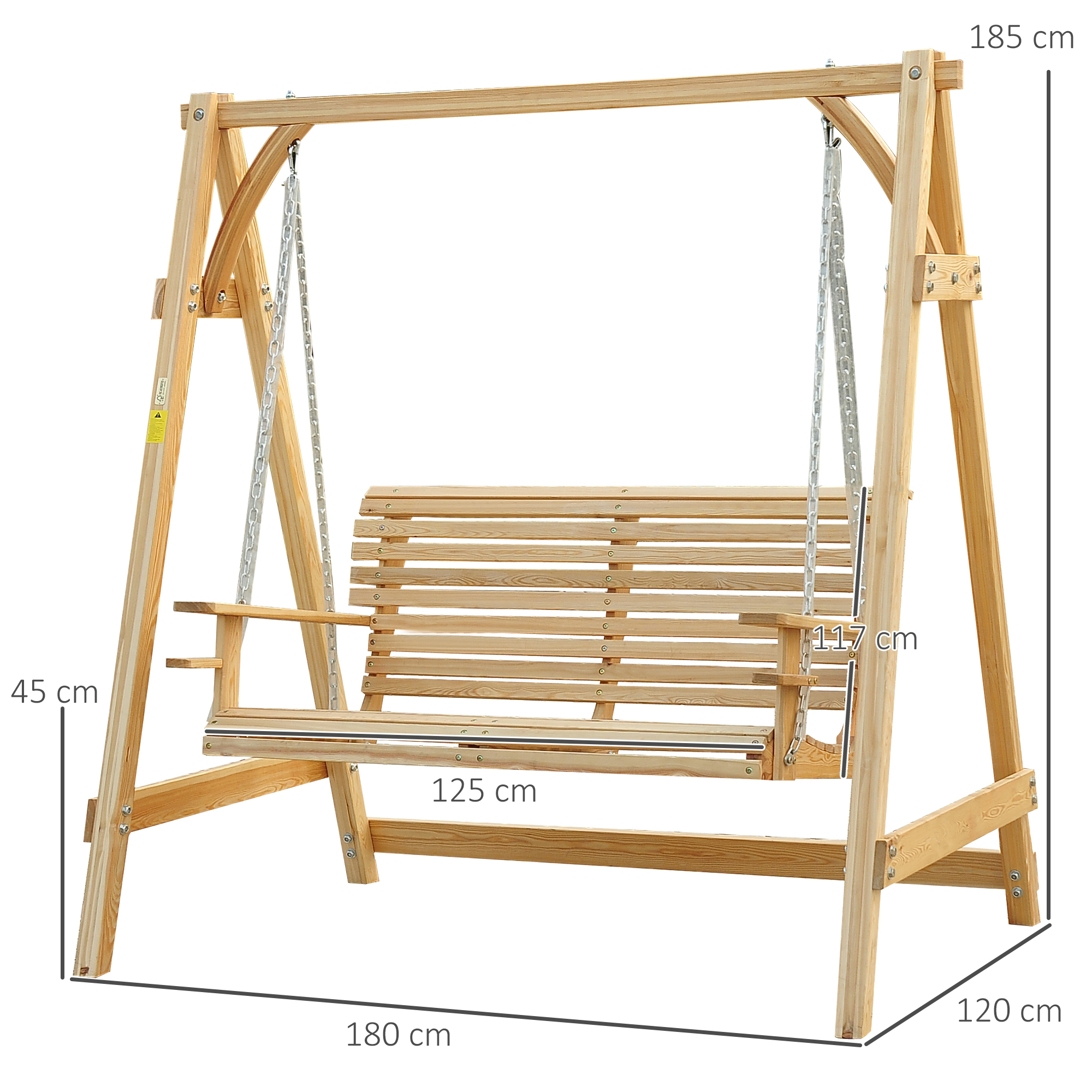 Outsunny 2 Seater Garden Swing Seat, Wooden Swing Chair Bench with Cup Holders for Outdoor Porch Patio, Natural 3