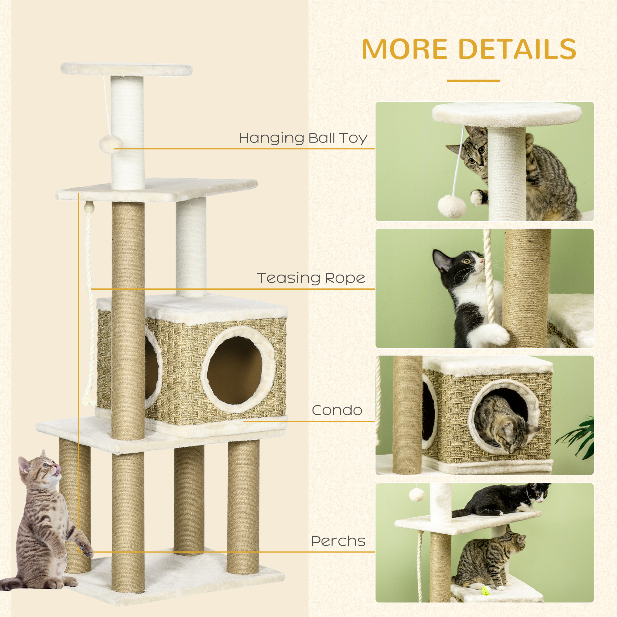 PawHut Cat Tree, with Scratching Post, Cat House & Hanging Toy Ball Beige 6