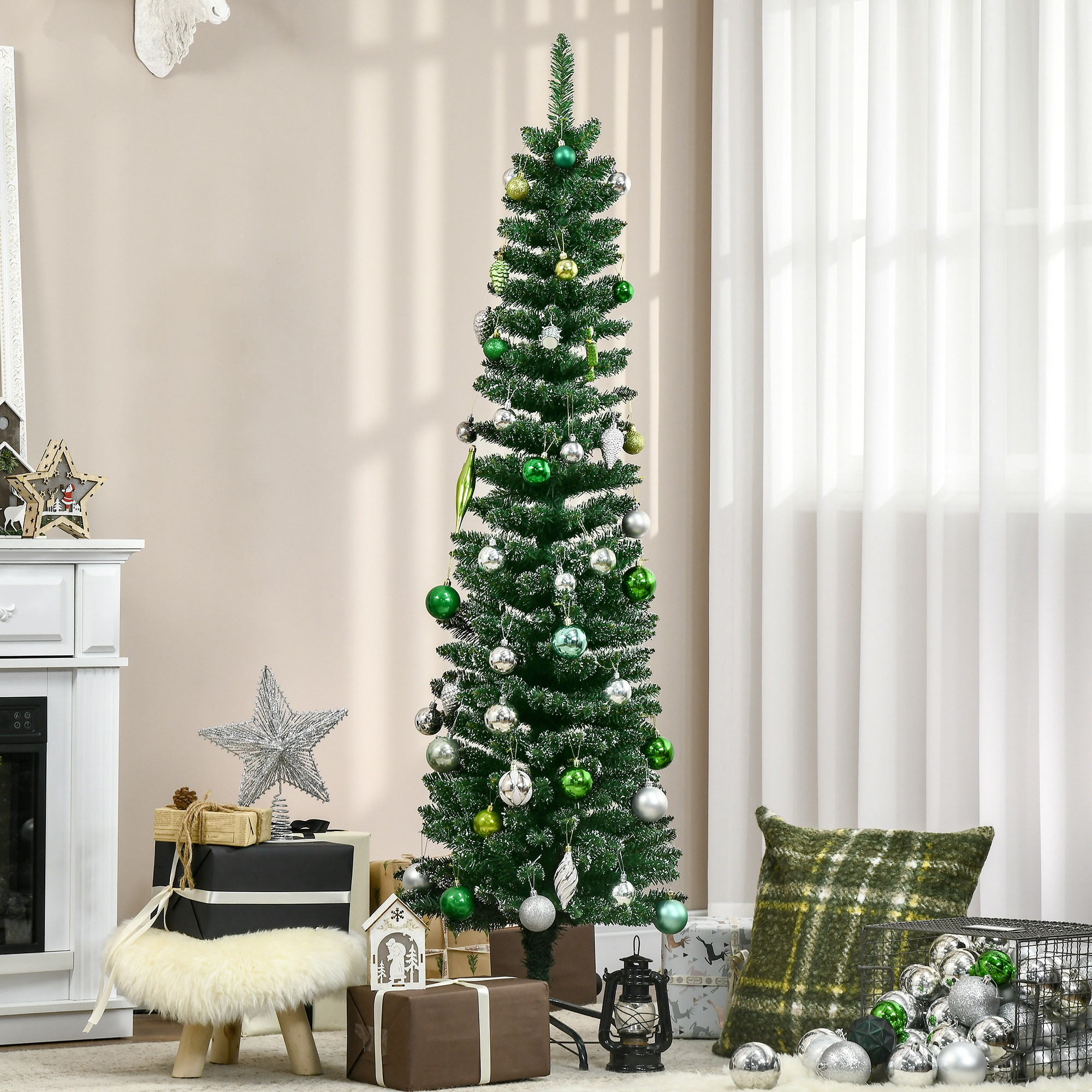 HOMCOM 5.5FT Artificial Snow Dipped Christmas Tree Xmas Pencil Tree Holiday Home Indoor Decoration with Foldable Black Stand, Green 2