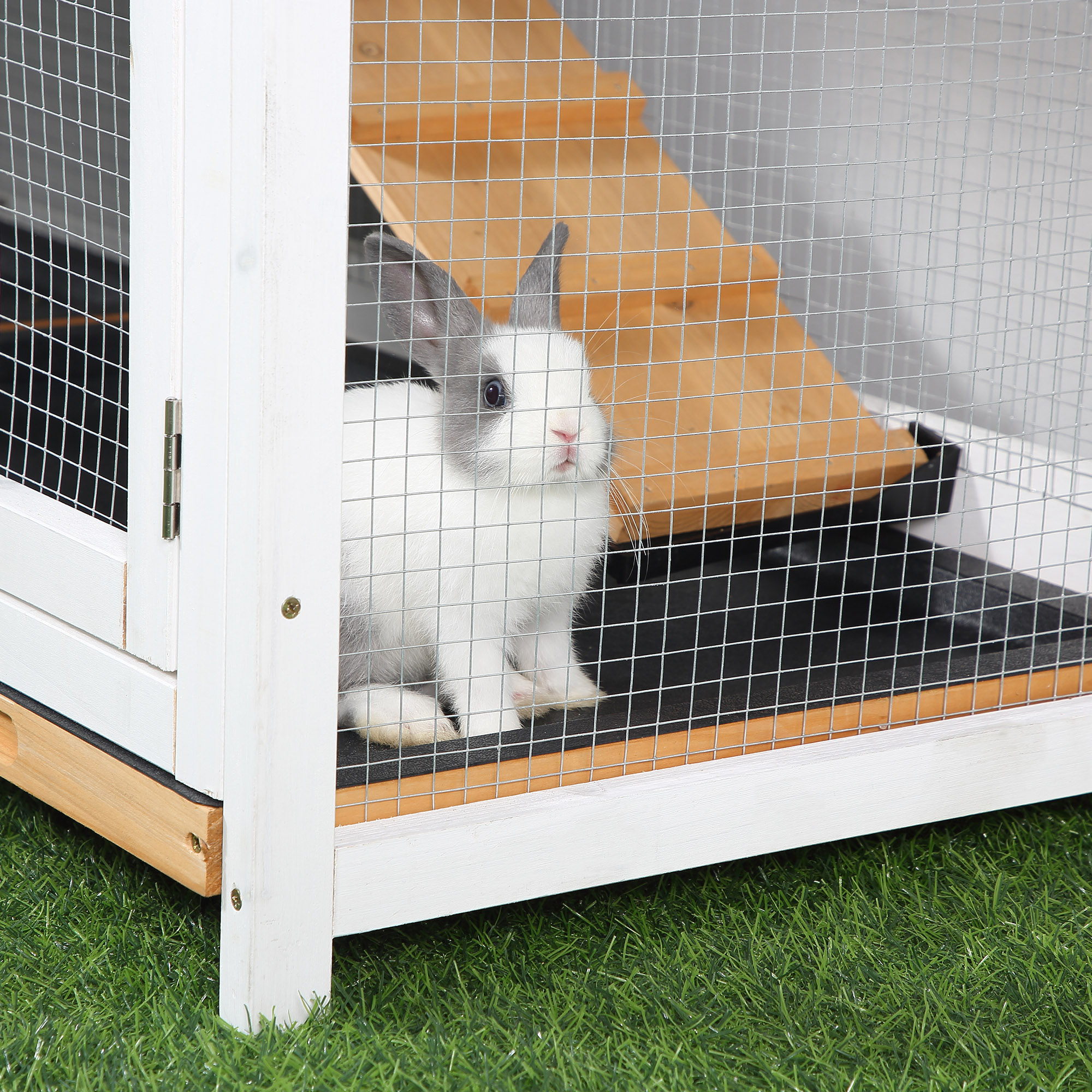 PawHut Rabbit Hutch Guinea Pig Hutch Wooden House with Run, 2 Tier Pet Cage Outdoor with No-leak Plastic Trays, 157.4 x 53 x 93.5cm, Yellow 9