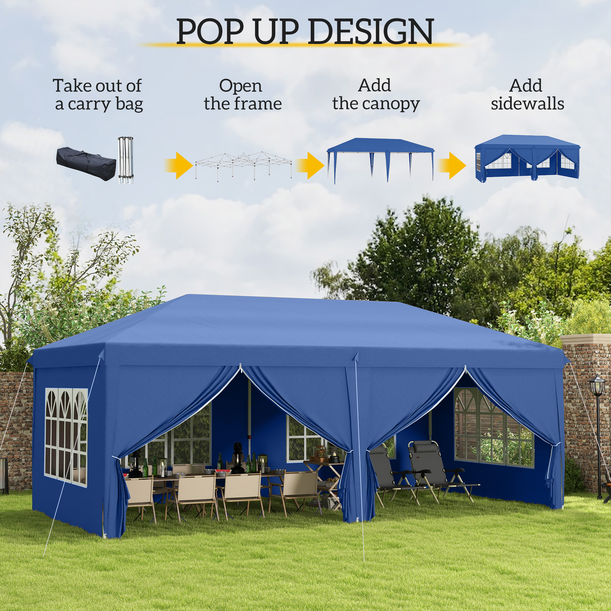 Outsunny 3 x 6 m Garden Pop Up Gazebo, Wedding Party Tent Marquee, Water Resistant Awning Canopy with Sidewalls, Windows, Carry Bag, Blue 4