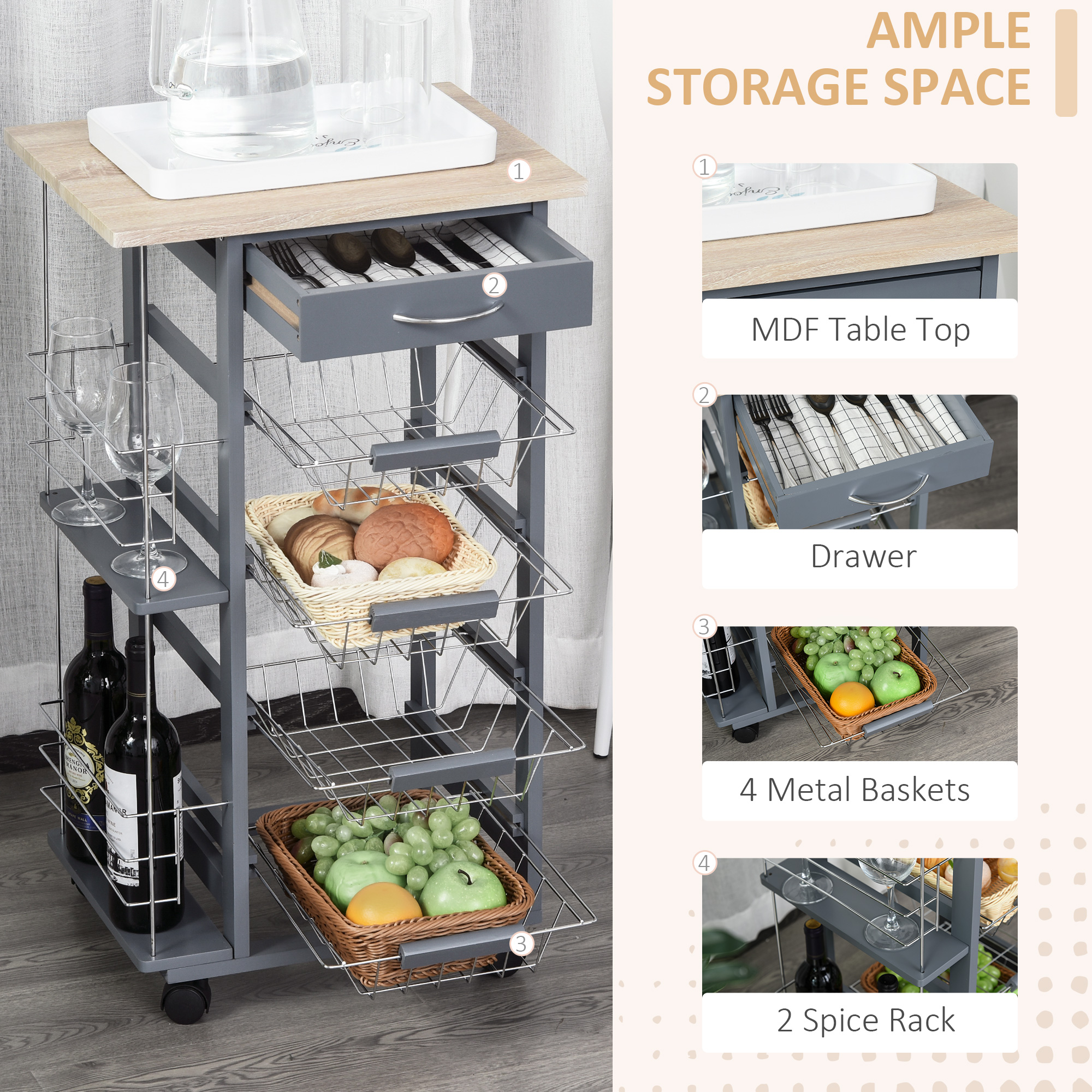 HOMCOM Rolling Kitchen Cart, Utility Storage Cart with 4 Basket Drawers & Side Racks, Wheels for Dining Room, Grey 4