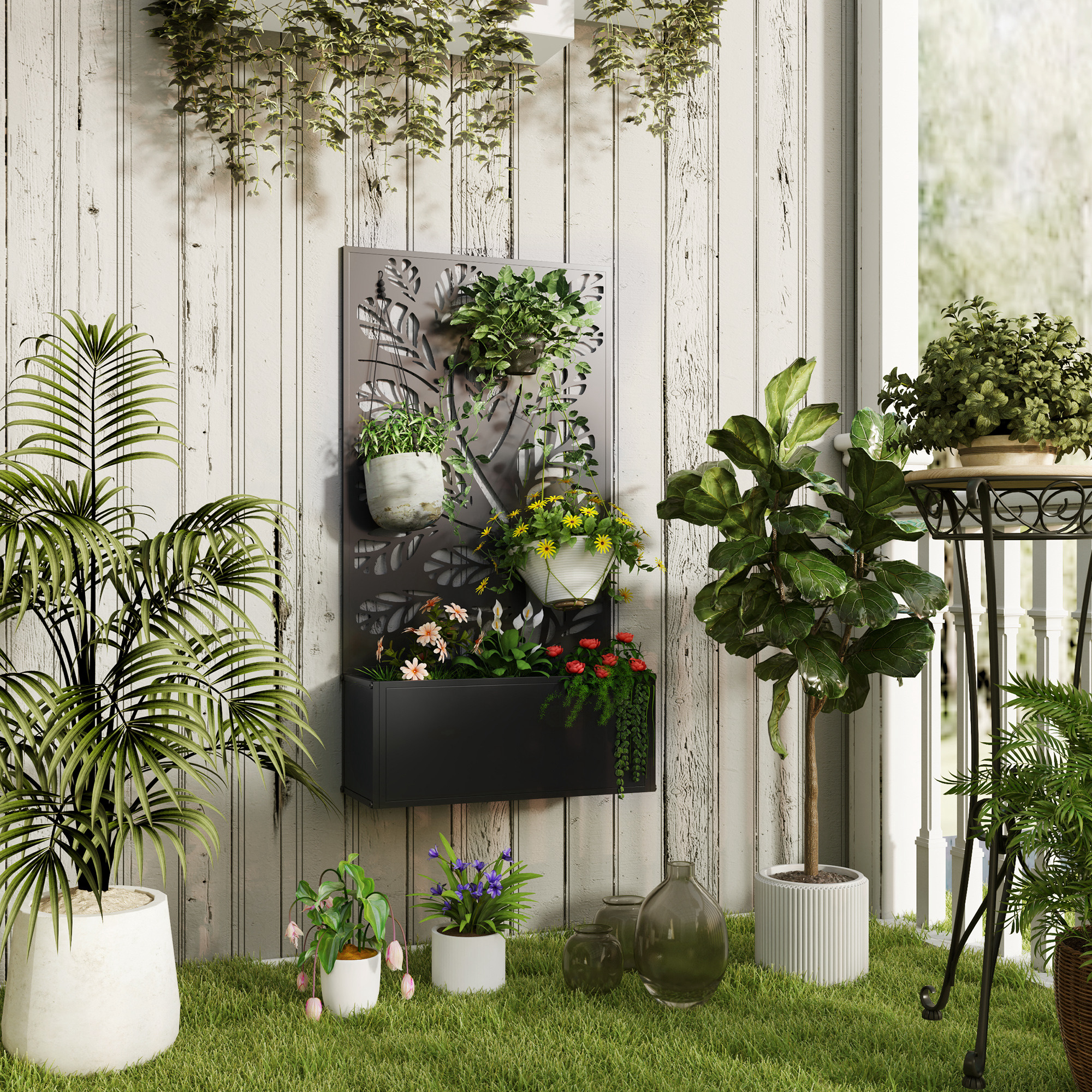 Outsunny Outdoor Metal Planter, with Back Trellis Black 2