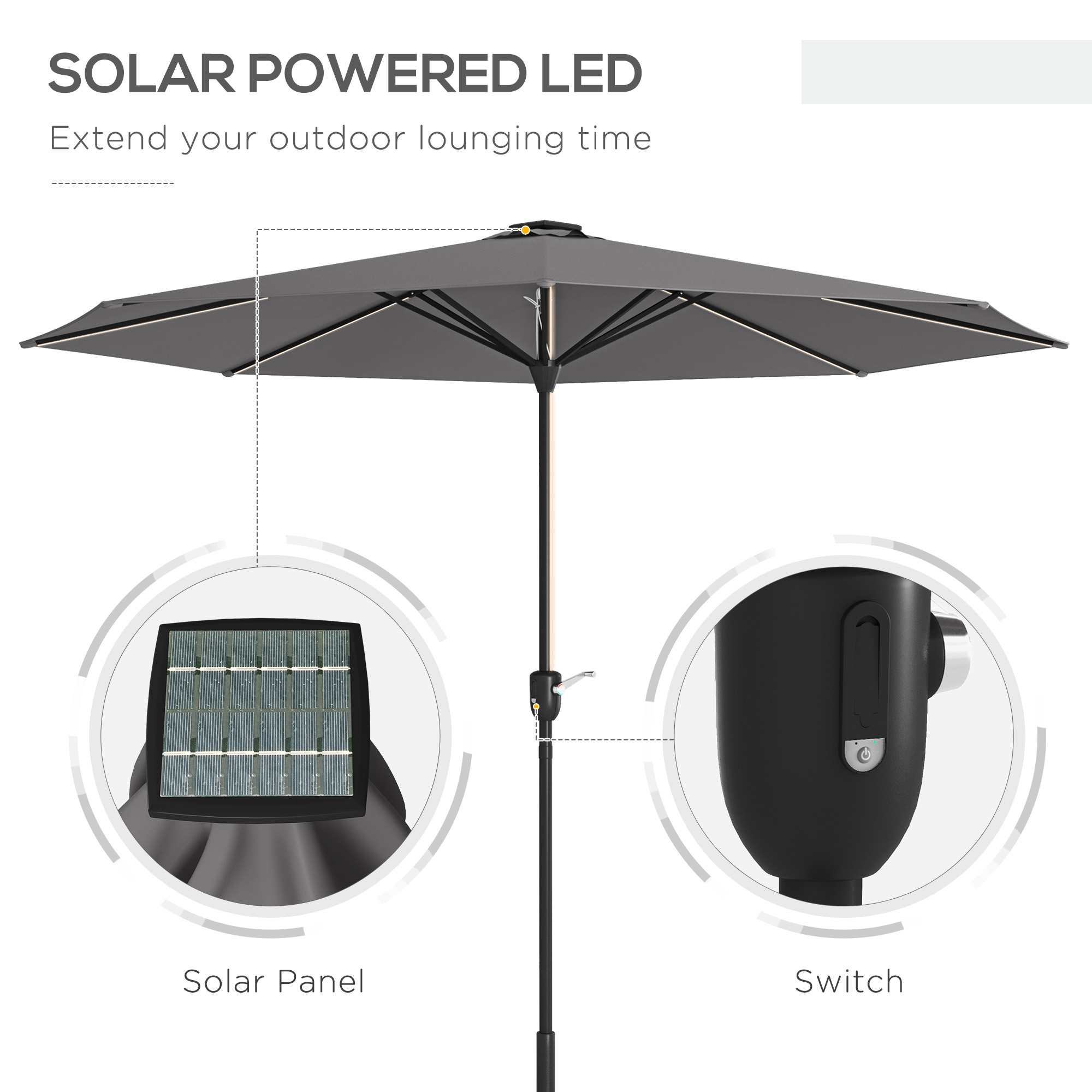 Outsunny 2.65m Garden Parasol, with LED Lights Dark Grey 4