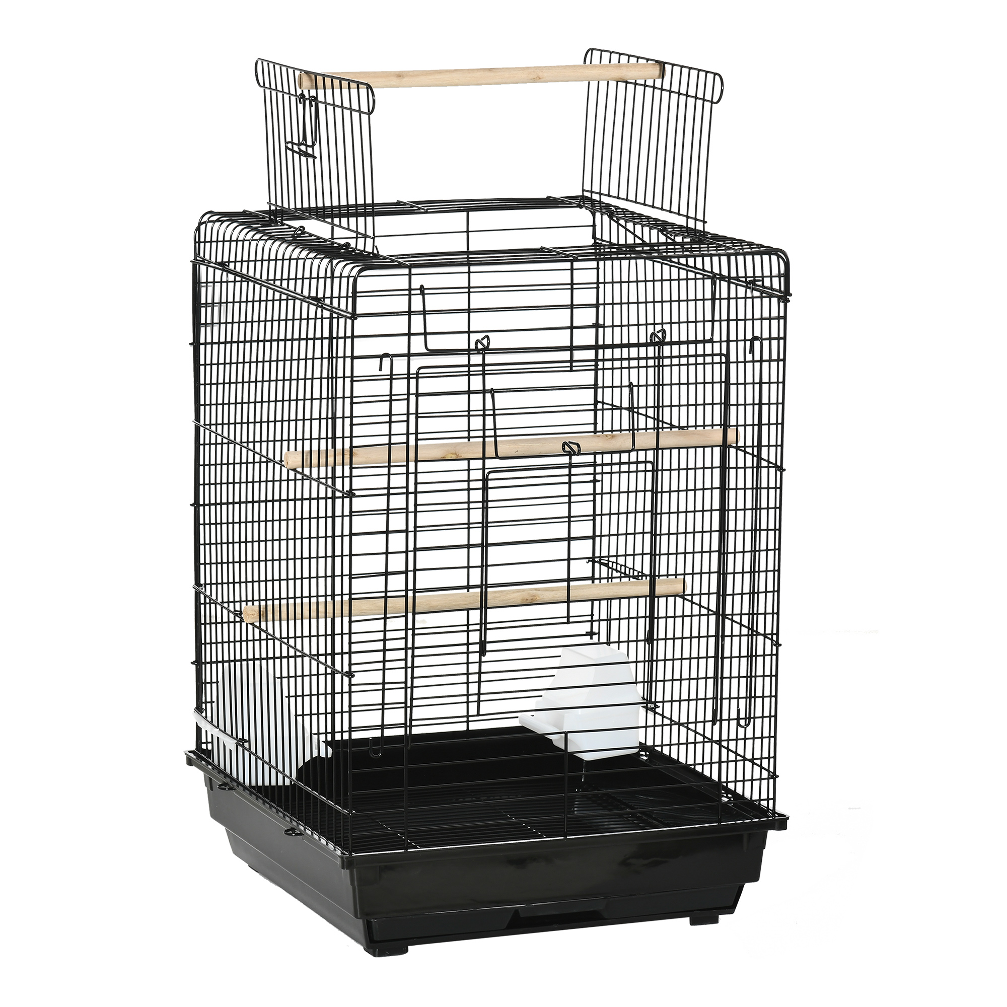 PawHut Cage à oiseaux en métal avec mangeoires perchoirs plateau amovible poignée dim. 40L x 40l x 59H cm noir