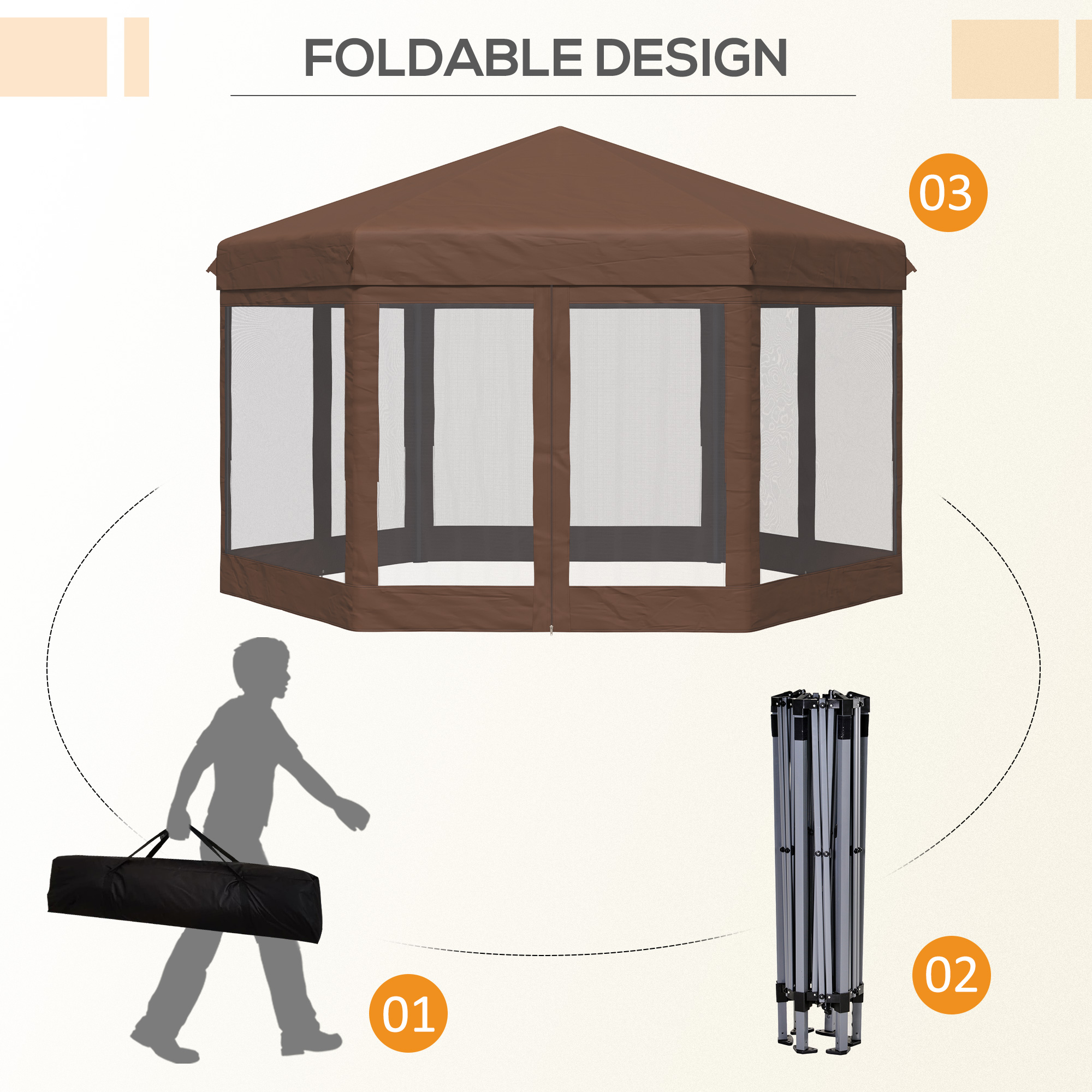 Outsunny 3.5m x 4m Hexagonal Pop Up Gazebo, Canopy Tent Sun Shelter for Patio Outdoor Party, Height Adjustable, with Mosquito Netting and Carry Bag Brown 6