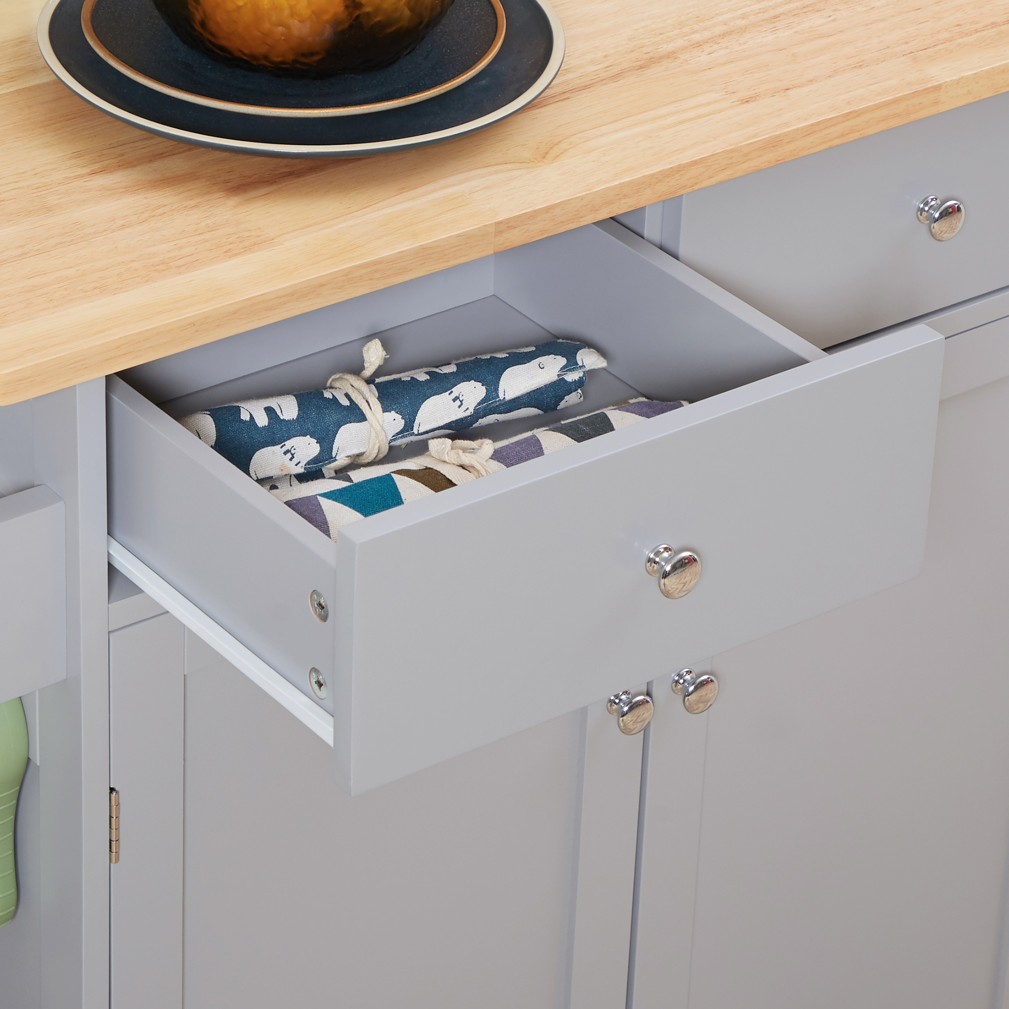 HOMCOM Rolling Kitchen Island on Wheels, Utility Serving Cart with Rubber Wood Top, Towel Rack, Hooks and Storage Drawers, Grey 8