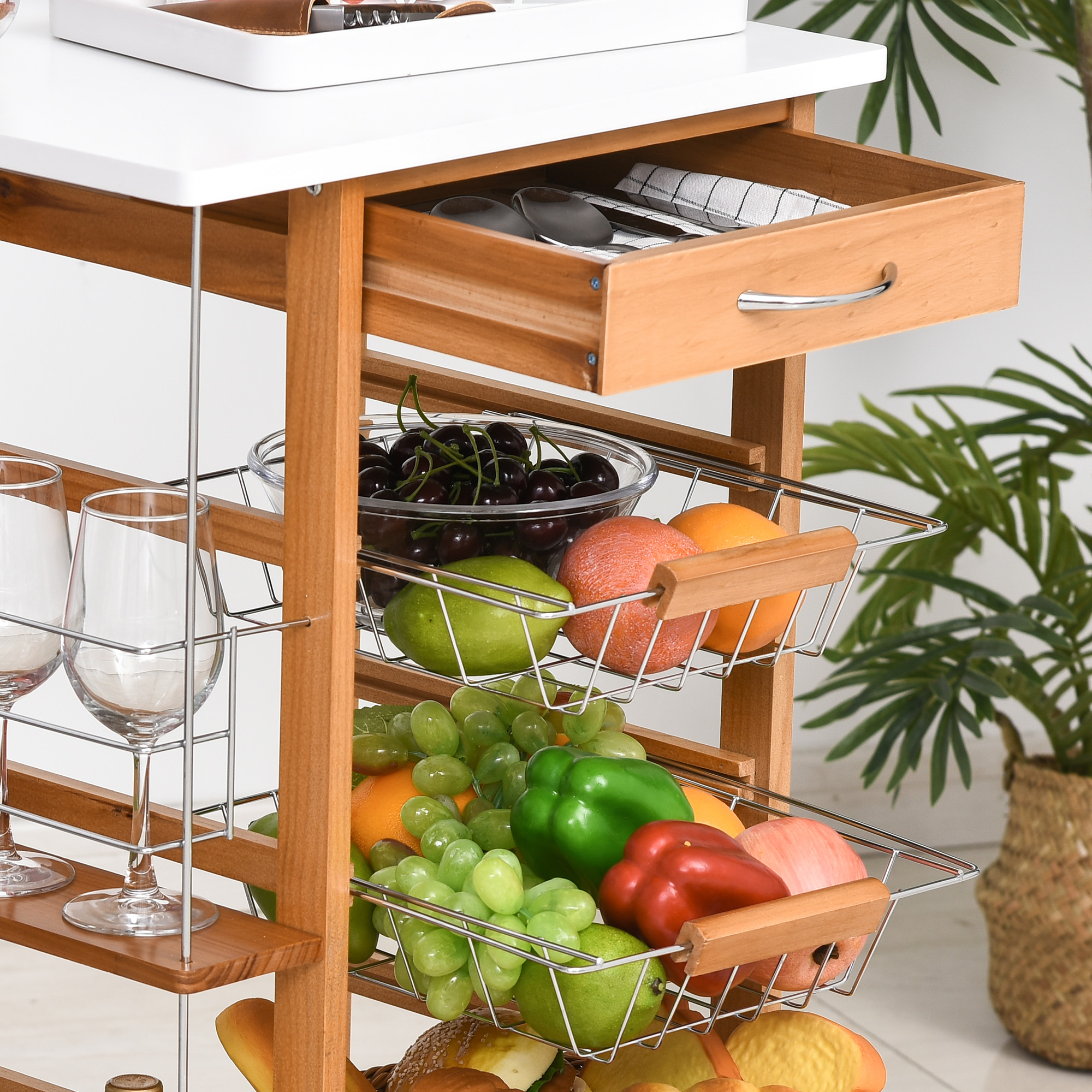 HOMCOM Rolling Kitchen Cart, Utility Storage Cart with 4 Basket Drawers & Side Racks, Wheels for Dining Room, Brown 8