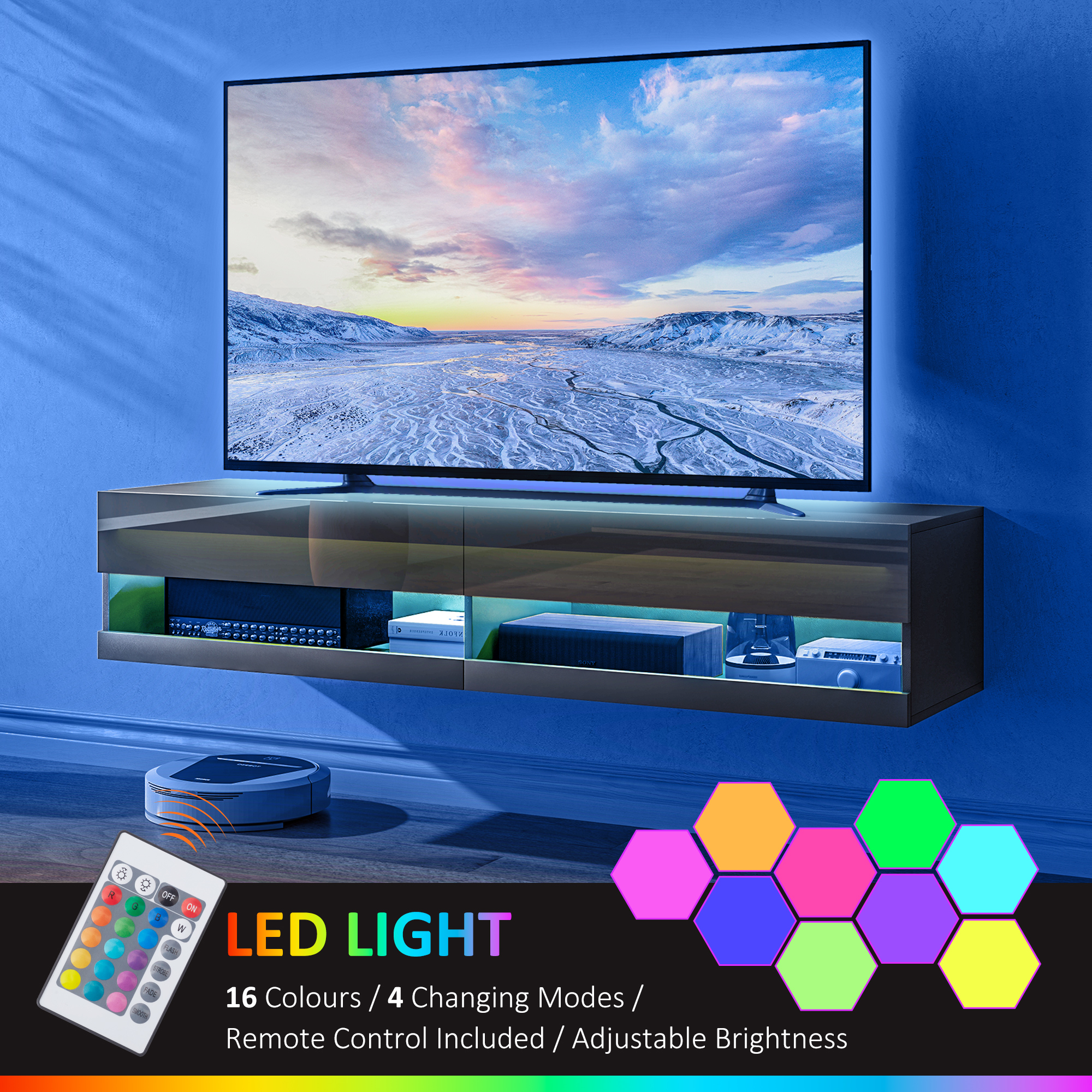 HOMCOM Floating TV Unit, Wall Mounted TV Cabinet for TVs up to 65", High Gloss Media Wall Unit with LED Lights, Storage Shelves for Living Entertainment Room, Black 5
