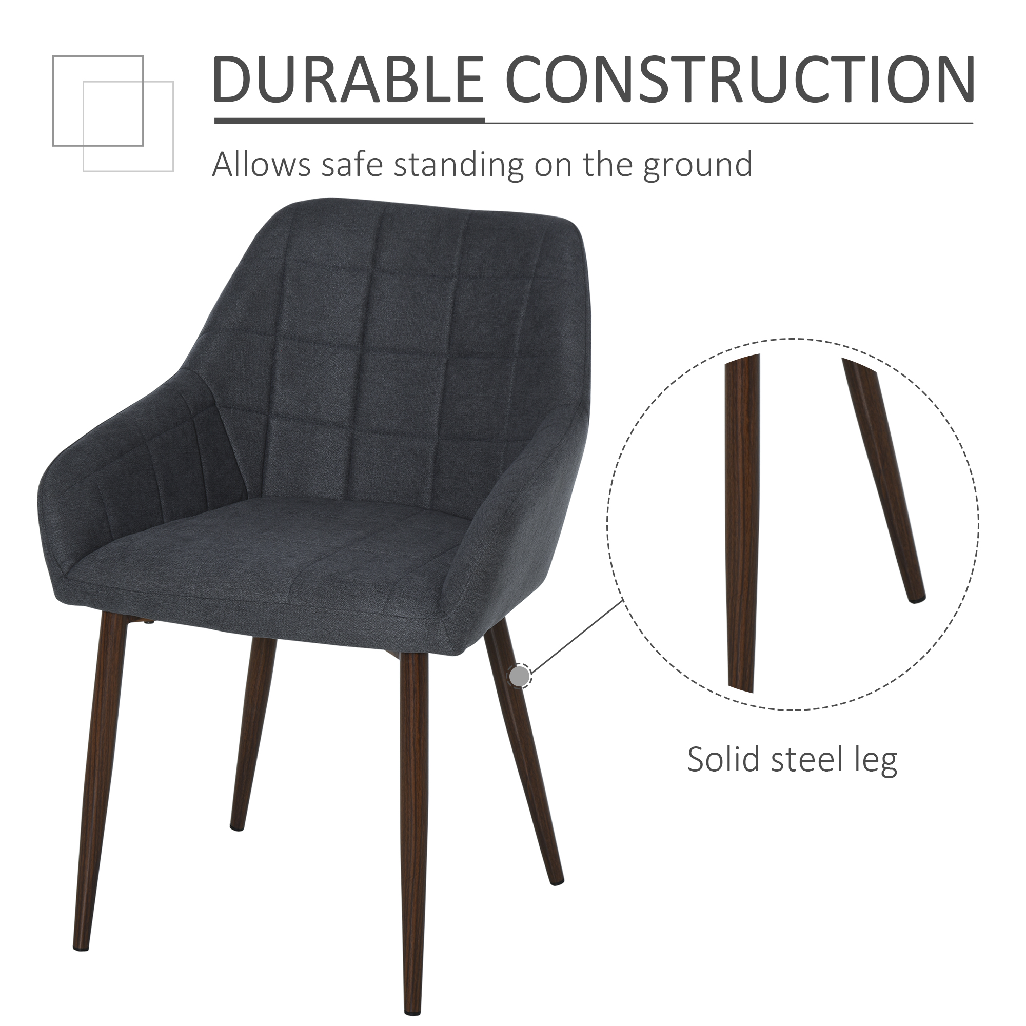HOMCOM 2 Pieces Linen-Touch Fabric Dining Chair with Grid Pattern Cushion and Backrest, Mid Back Leisure Chair with Steel Leg, Sponge Padded Armchair for Dining Room 6