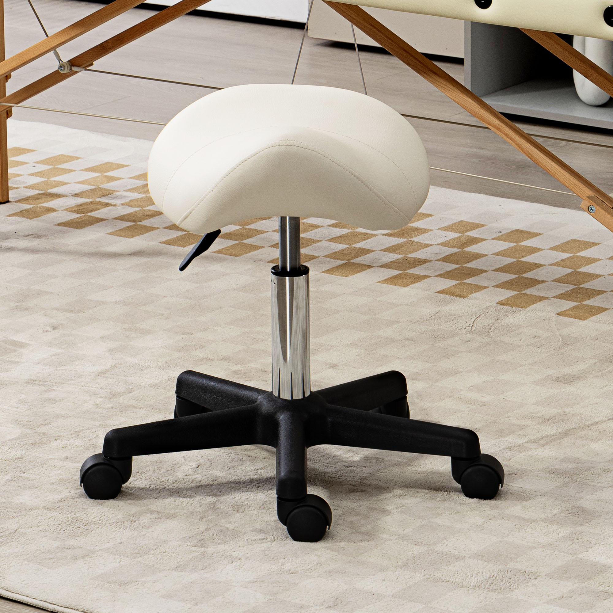 HOMCOM Saddle Stool, PU Leather Adjustable Rolling Salon Chair with Steel Frame for Massage, Spa, Beauty and Tattoo, White 7