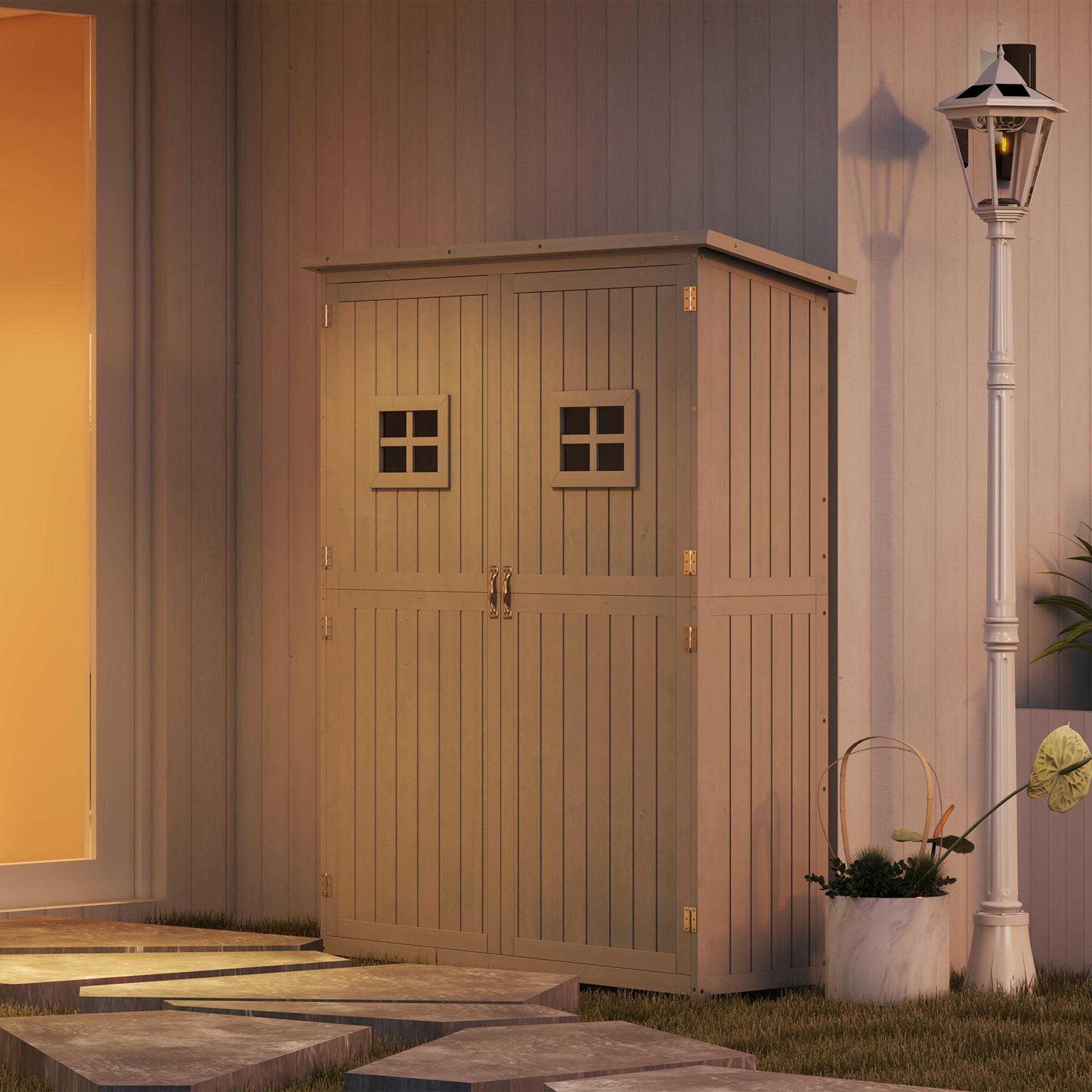 Abri De Jardin En Sapin Gris 128x50x164 Cm - Toit Bitume, 2 étagères, 2 Portes - Remise à Outils Sur Pied