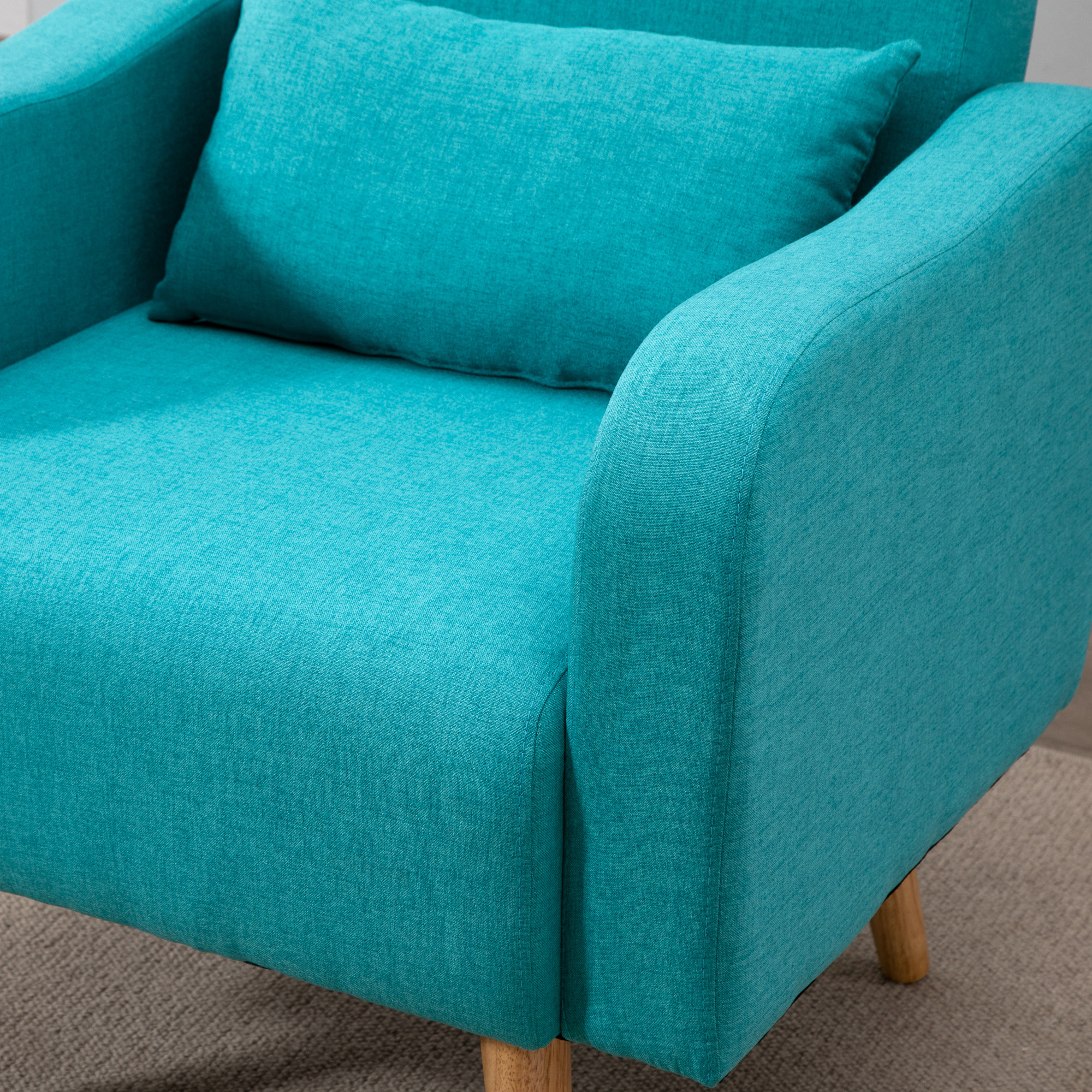 HOMCOM Accent Chair, Linen-Touch Armchair with Pillow, Upholstered Leisure Lounge Sofa for Living Room, Club Chair with Rubber Wooden Frame, Teal 8