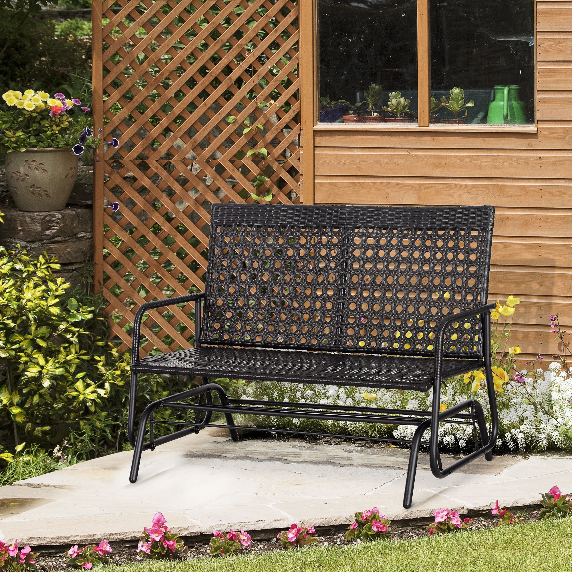 Outsunny 2 Seater PE Rattan Glider Bench, Outdoor Loveseat Chair with Steel Frame, Porch Rocking Glider for 2 Person with Armchair, High Back, Black 2