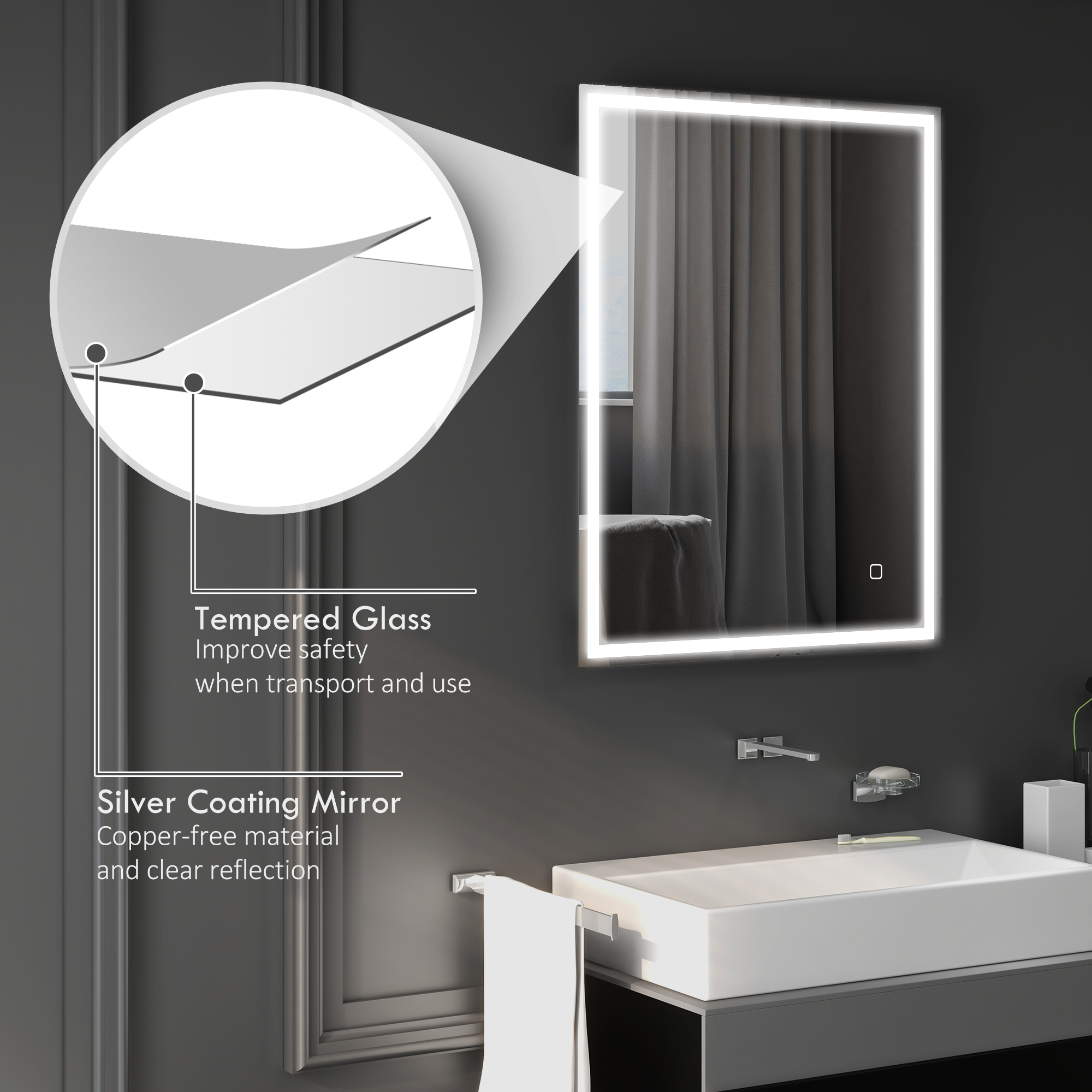 HOMCOM 90 x 70cm LED Bathroom Mirror with Lights, Dimmable Makeup Mirror, Vanity Mirror with 3 Colour, Smart Touch, Anti-Fog 7