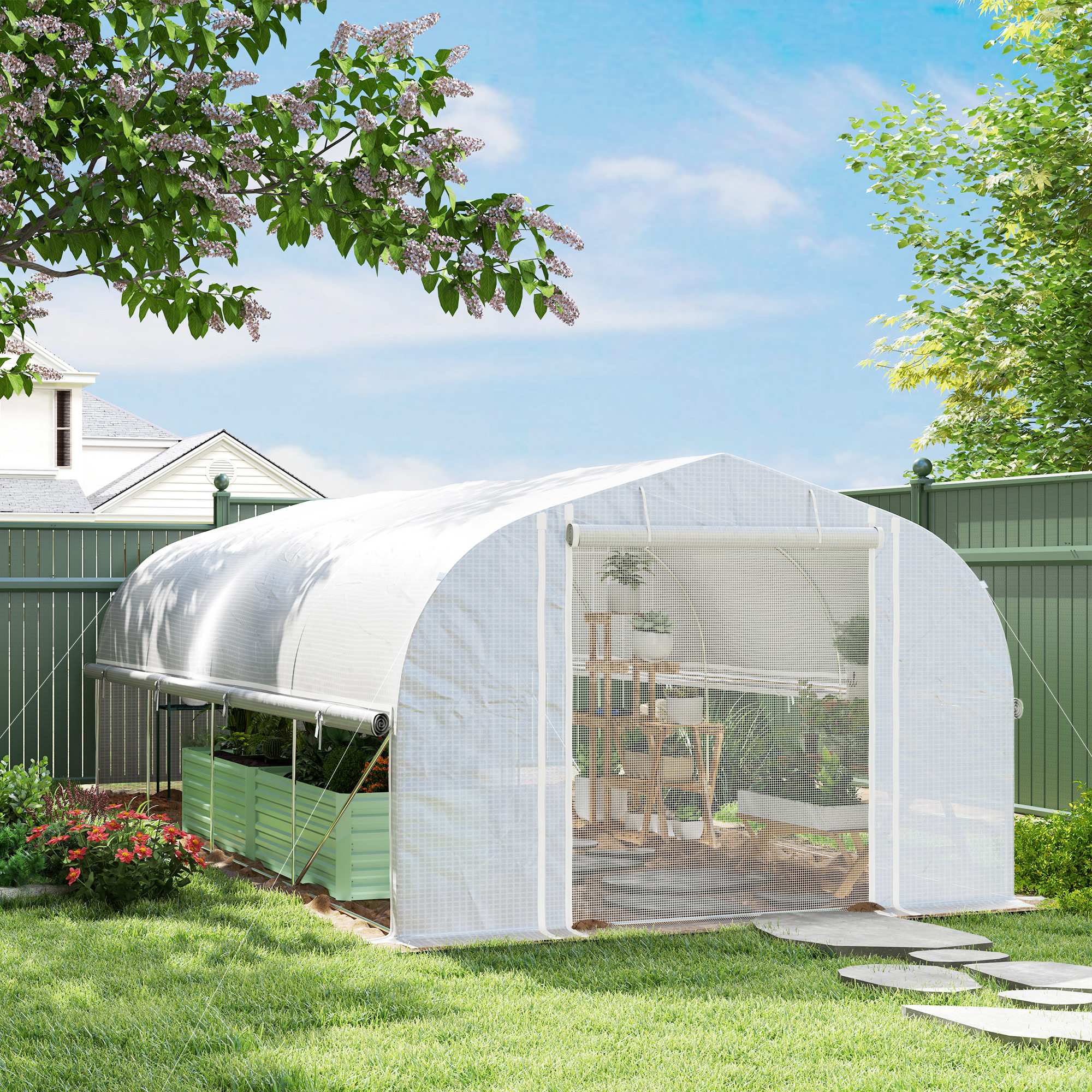 Outsunny 19.5 x 9.8ft Tunnel Greenhouse, with Accessories - White