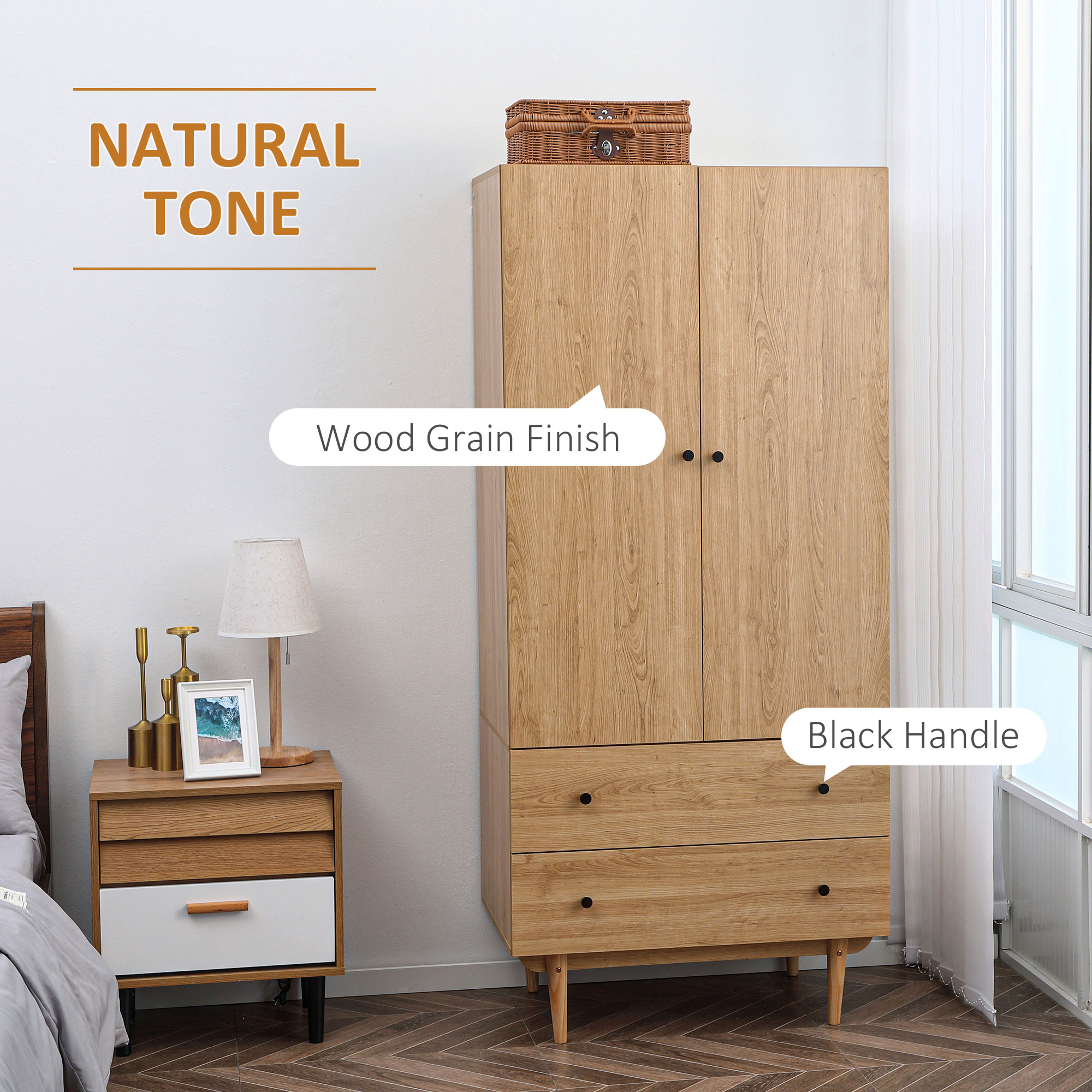 HOMCOM Wardrobe with 2 Doors, 2 Drawers, Hanging Rail for Bedroom Clothes Storage Organiser, 80x52x180cm, Natural Tone 4