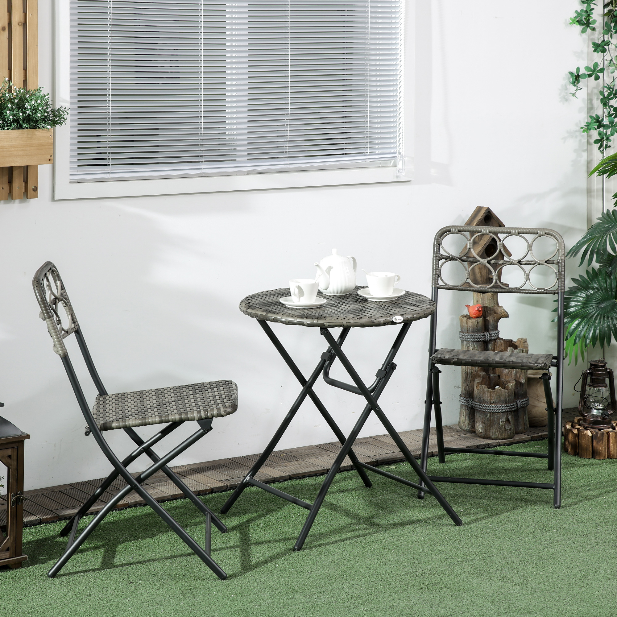 Outsunny 3 Pieces Rattan Bistro Set, Wicker Folding Garden Furniture Set with Coffee Table and Chairs for Outdoor, Patio, Balcony, Grey 2