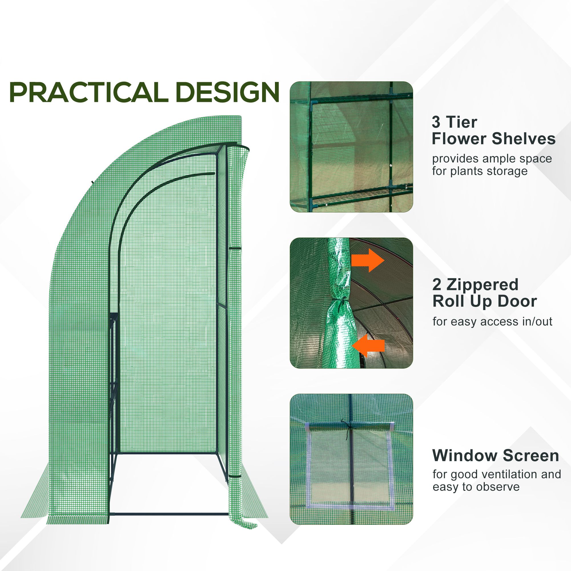 Outsunny Walk-In Lean to Wall Greenhouse with Windows and Doors, Outdoor Green House with 3 Tiers 4 Wired Shelves, 200L x 100W x 215Hcm, Green 7