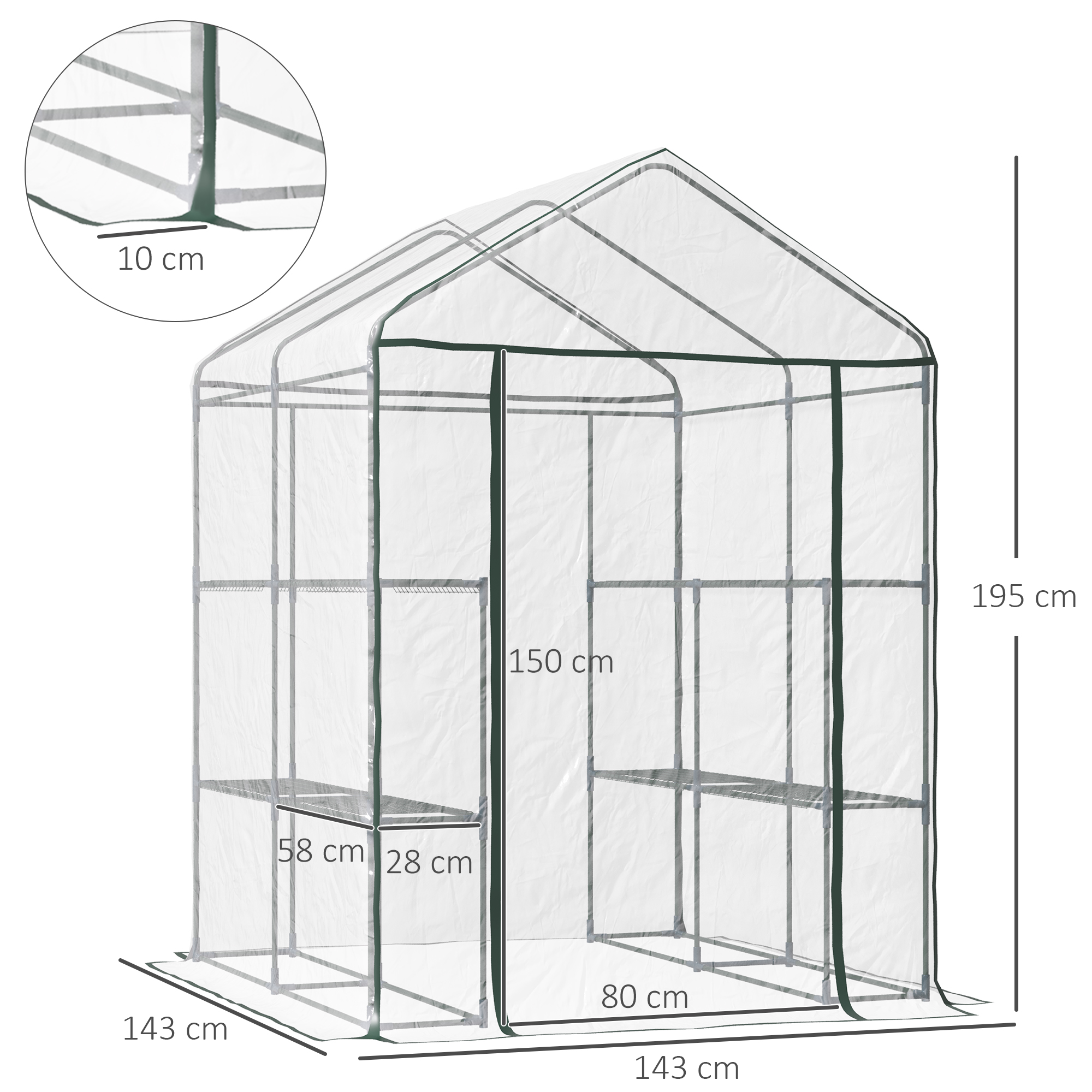 Outsunny Walk in Greenhouse with 3-Tier 8 Shelves, Green House with Hemmed Cover, Roll-up Zipped Door, Steel Frame, 143 x 143 x 195cm 3