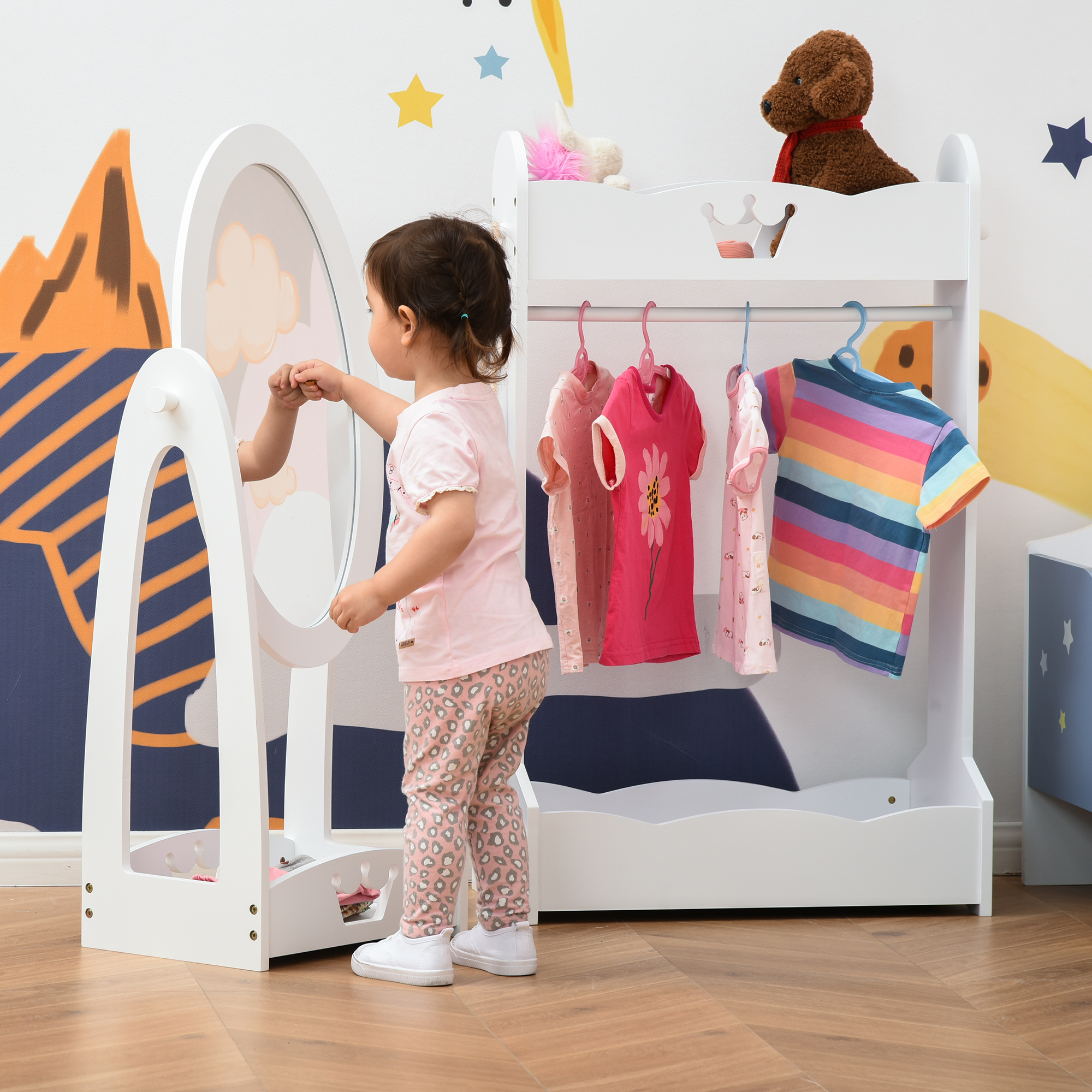 HOMCOM Kids Clothes Rail and Mirror Set 360° Rotation Free Standing Full Length Mirror and Hanging Rack with Storage Shelves Child's Dressing Mirror Garment Wardrobe White 2