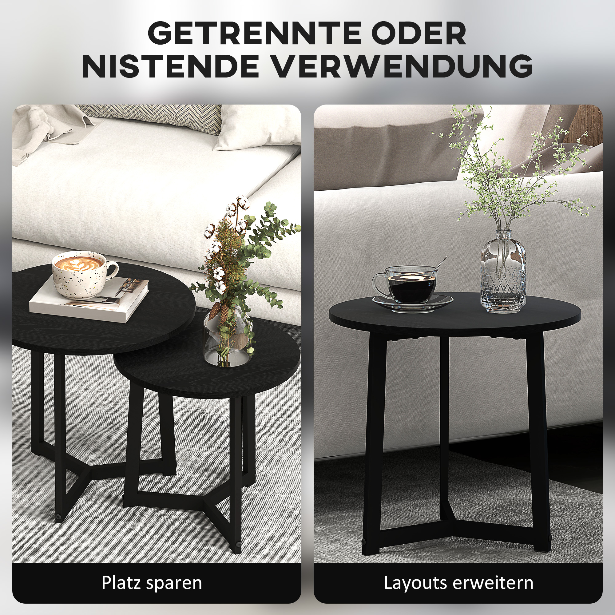 Moodne kohvilaudade komplekt (2 tk), metallraam, MDF, ümar disain, virnastatav, must