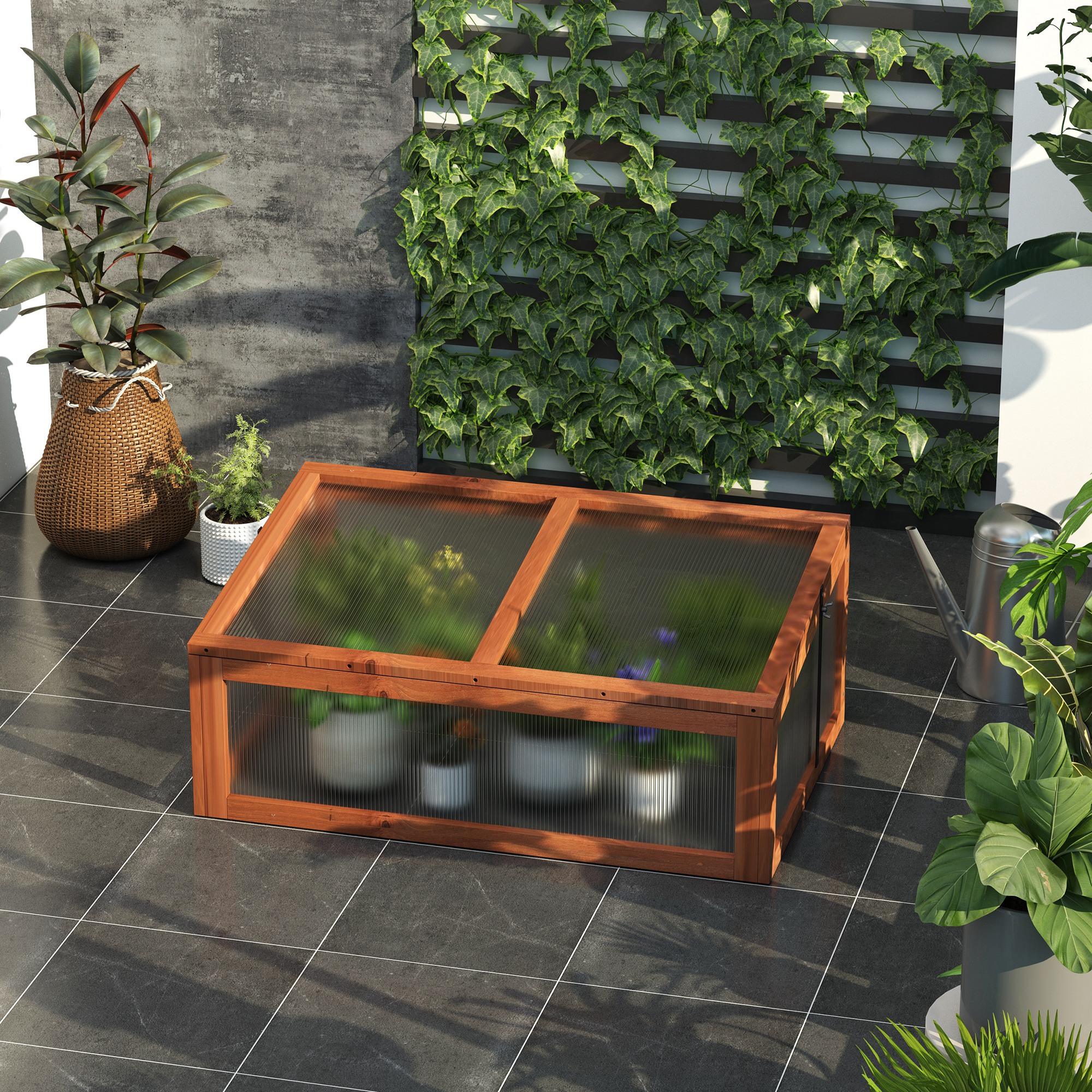 Outsunny Wooden Cold Frame, Small Polycarbonate Greenhouse for Plants with Openable & Tilted Top Cover, Brown, 100 x 65 x 40cm 2