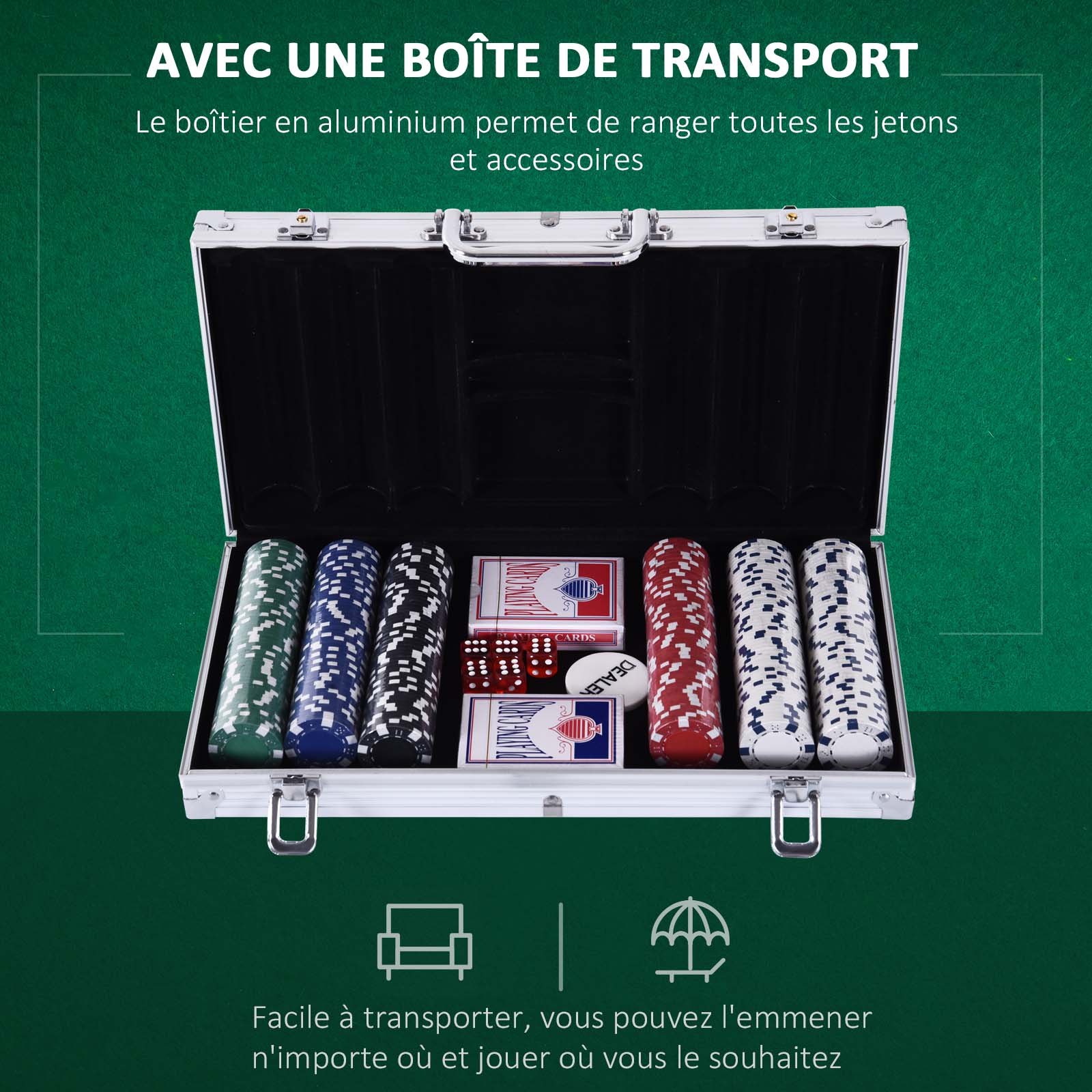 DREAMADE Mallette de Poker Verrouillable avec 300 Jetons avec Autocollant Laser, Bouton de Donneur, 2 Jeux de Cartes, 5 Dés Noir - Jeux - Jouets