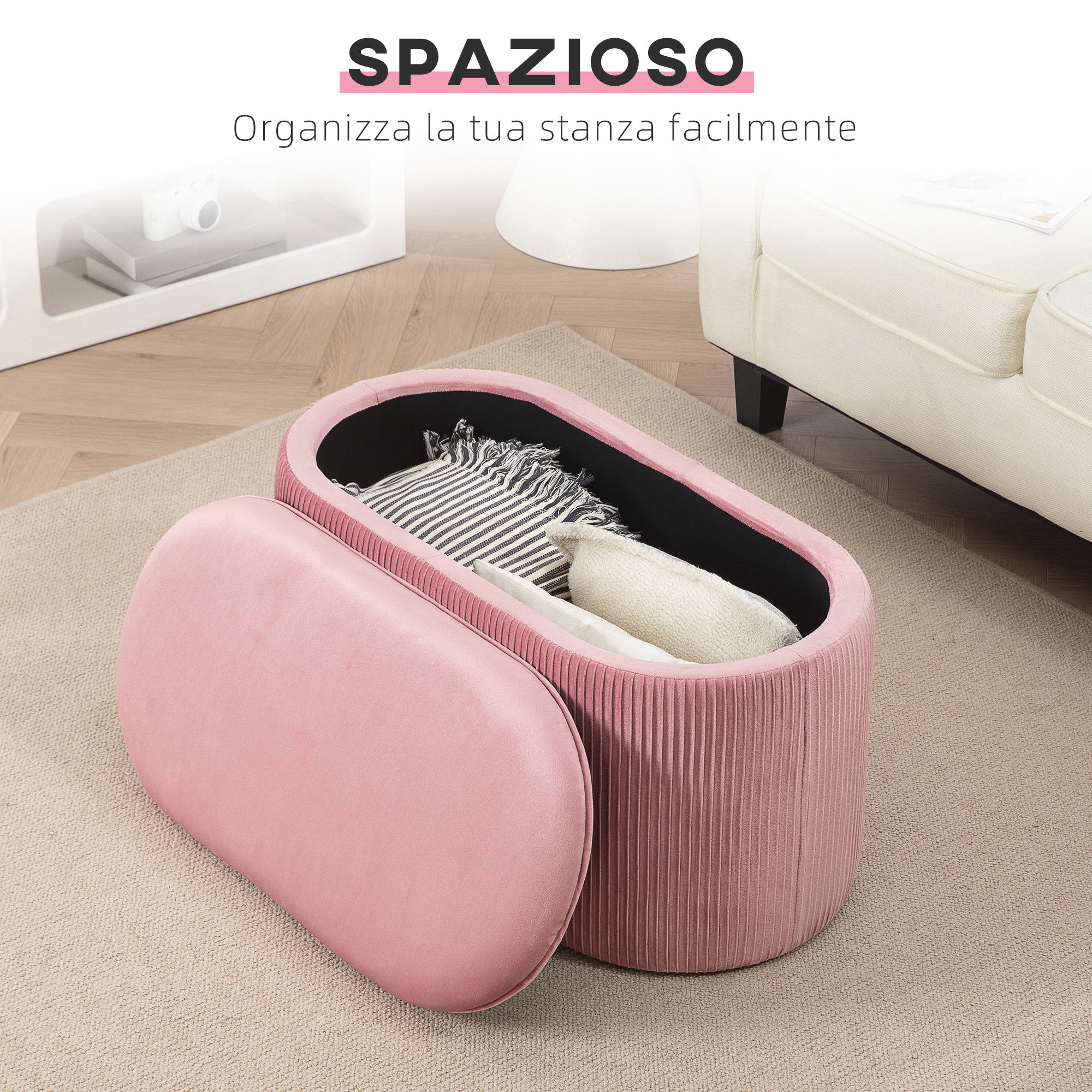Pouf Contenitore Imbottito Ottagonale In Velluto Rosa Antico - 40x35 Cm - 5