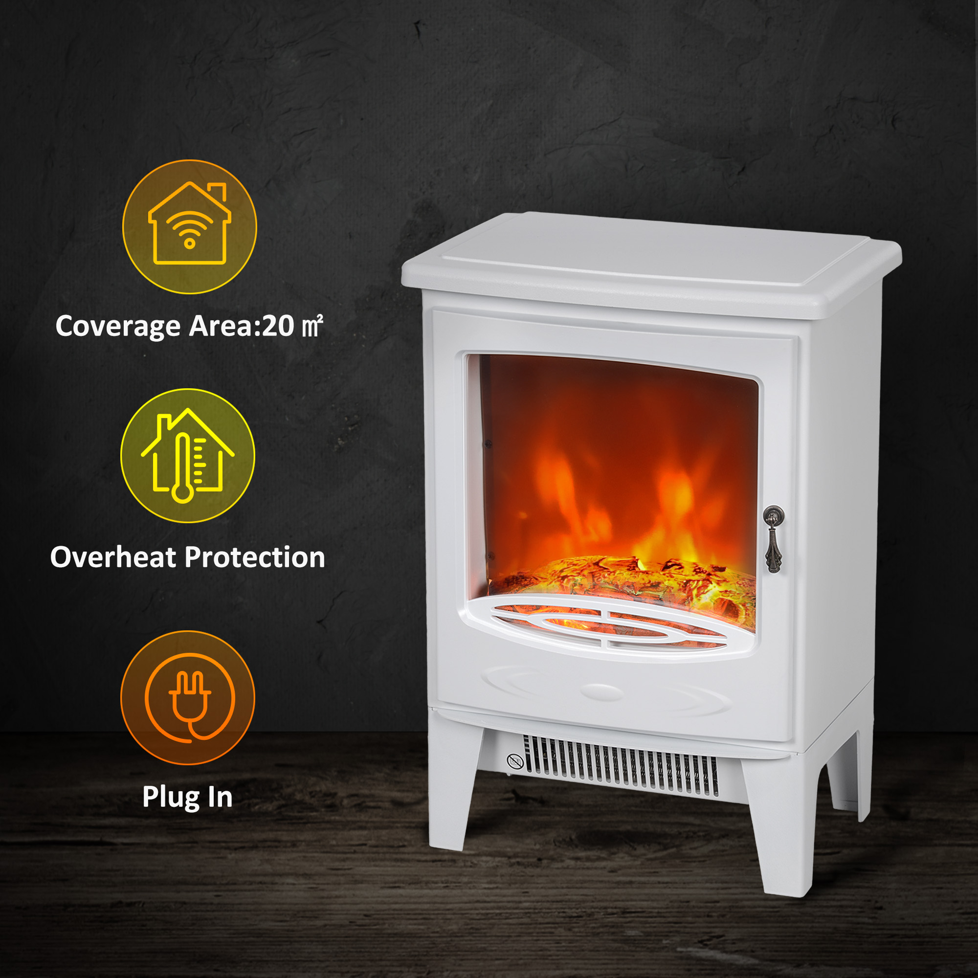 HOMCOM Tempered Glass Casing Electric Fireplace, Freestanding Electric Fire with Realistic Flame Effect, Log Burner with Overheat Protection, 950w/ 1850W, White 4