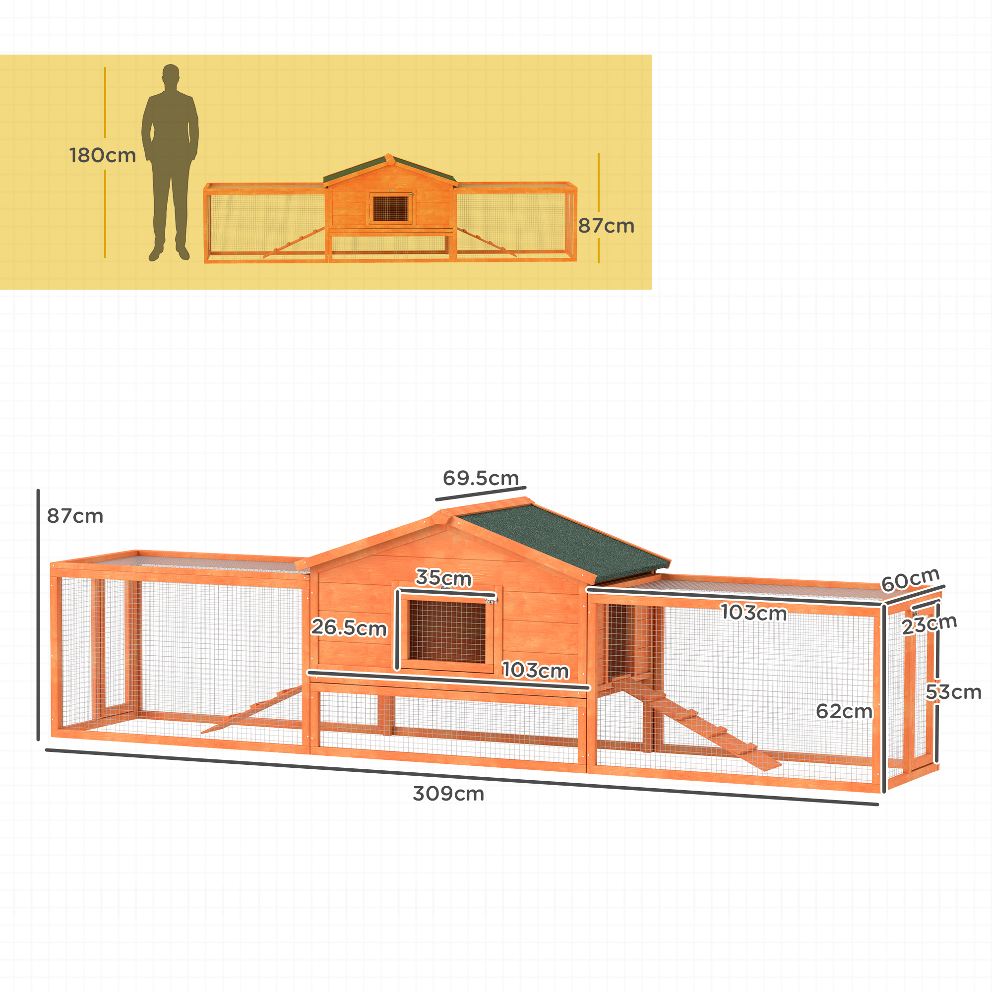 PawHut Wooden Rabbit Hutch with Run, Tray, Ramps, Asphalt Roof, 309 x 70 x 87cm, Orange 3