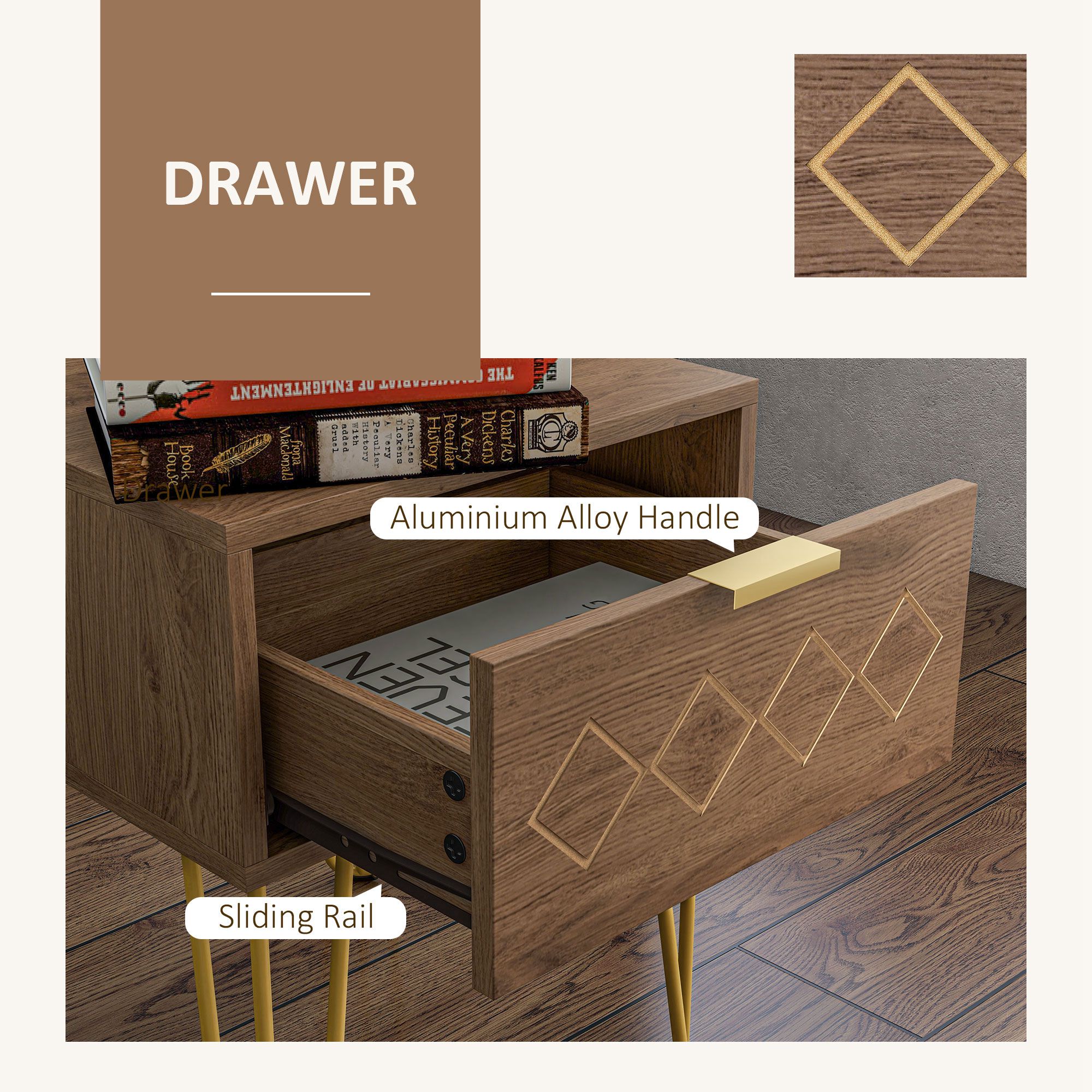HOMCOM Bedside Table with Drawer, Wooden Nightstand, Modern Sofa Side Table with Gold Tone Metal Legs for Bedroom 5