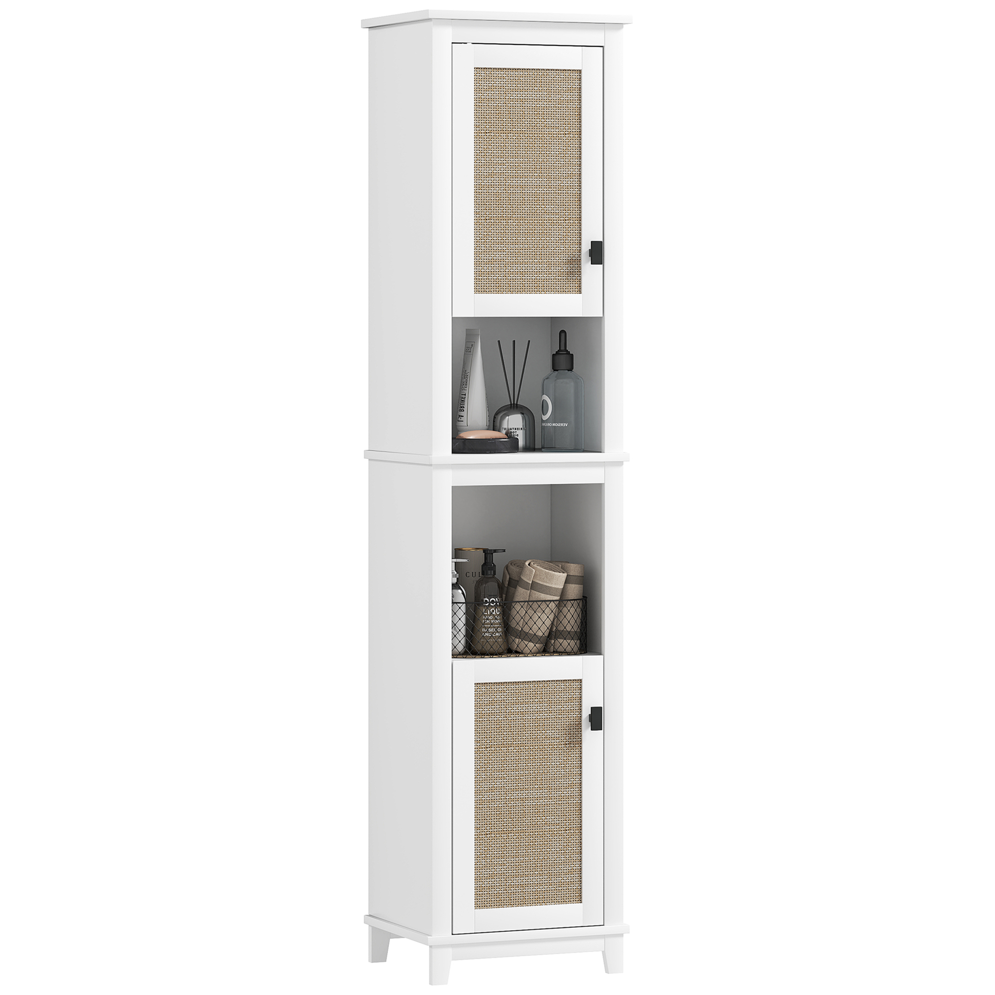 HOMCOM Columna de Baño con Estantes Ajustables 2 Puertas con Frontal de Ratán y 2 Compartimentos 40x30x167,5 cm Blanco