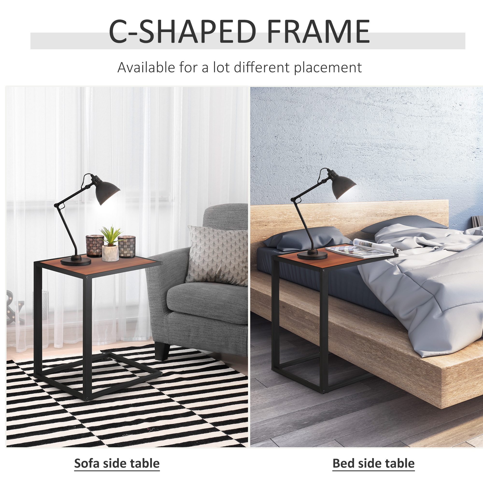 HOMCOM C-Shaped Side Table, Sofa End Table with Metal Frame, Accent Couch Table for Living room, Bedroom, Walnut and Black 7