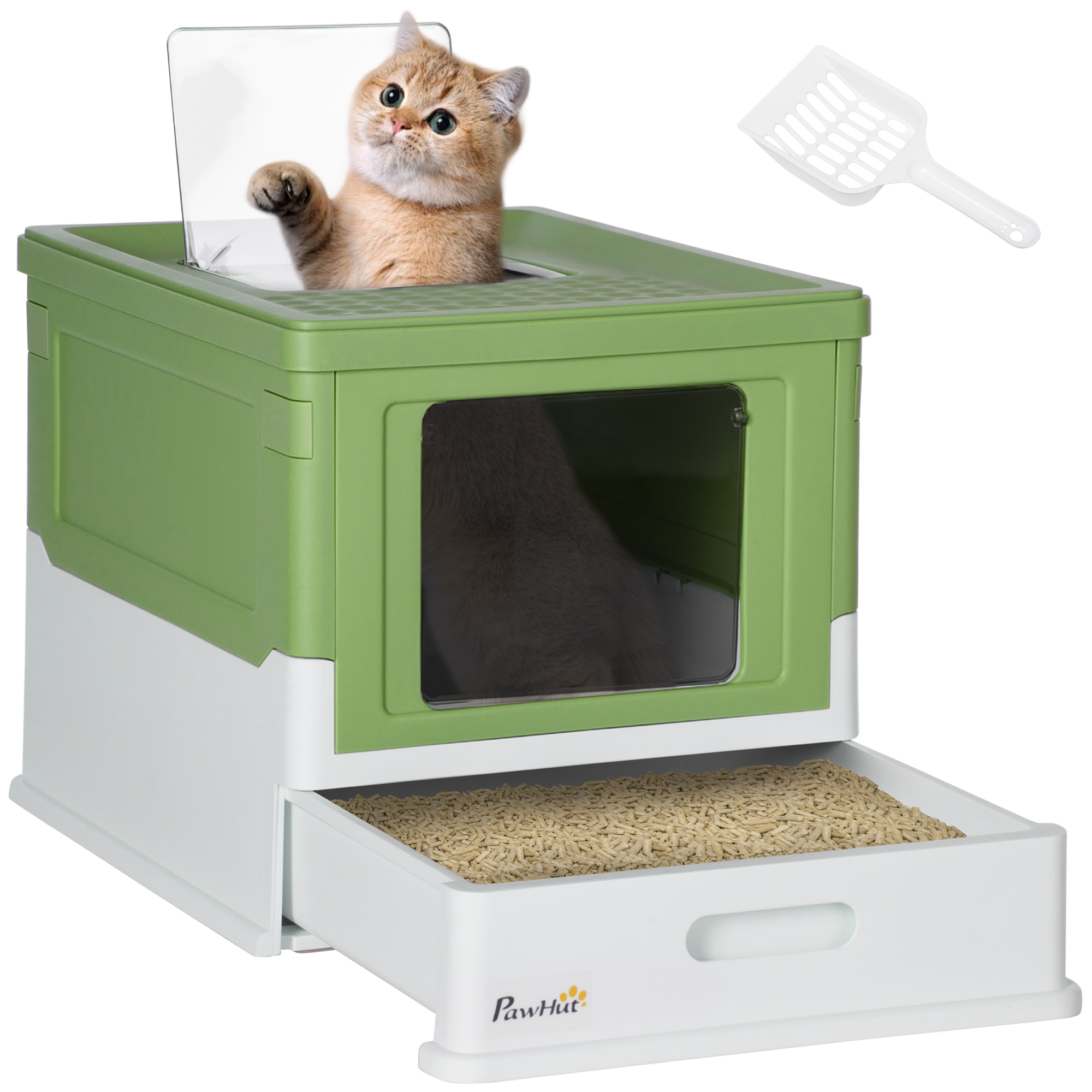 PawHut Hooded Cat Litter Box, Portable Pet Toilet, with Scoop, Front Entry - Pink