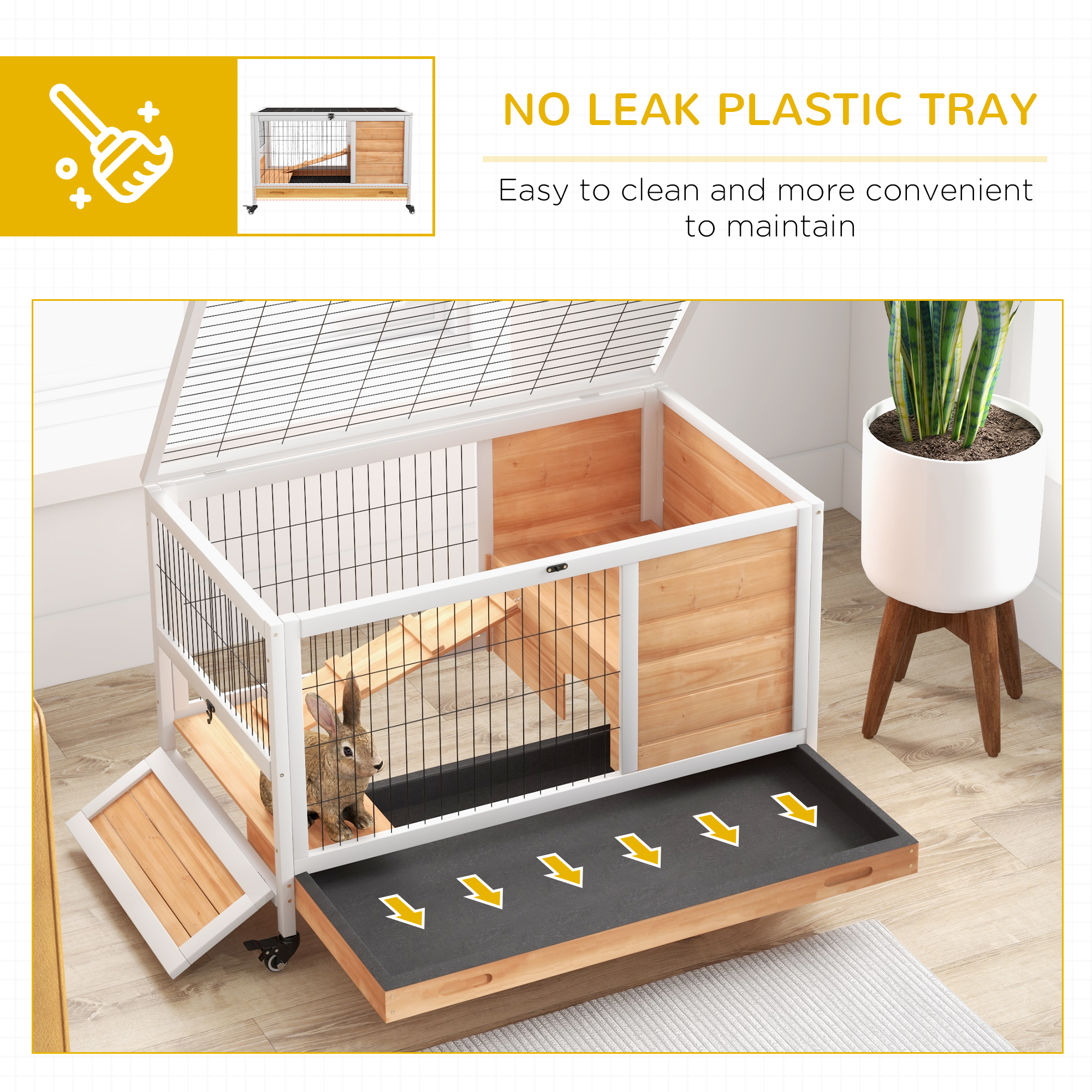 PawHut Wooden Guinea Pig Hutch, 2-Floor Bunny Cage w/ Enclosed Run Area, Yellow 6
