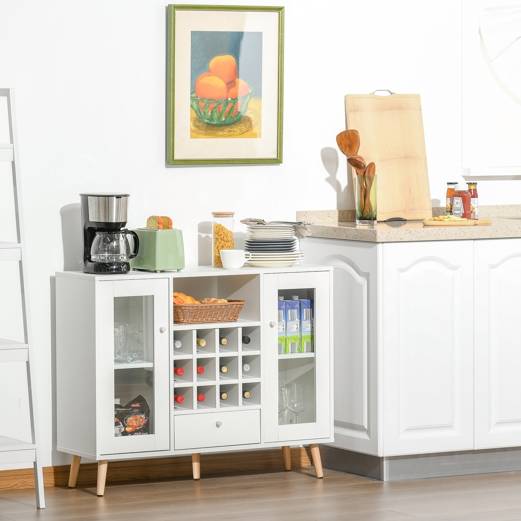 HOMCOM Modern Sideboard Storage Cabinet Kitchen Cupboard Dining Bar Server with Glass Doors, Drawer & 12-Bottle Wine Rack for Living Room, White 7