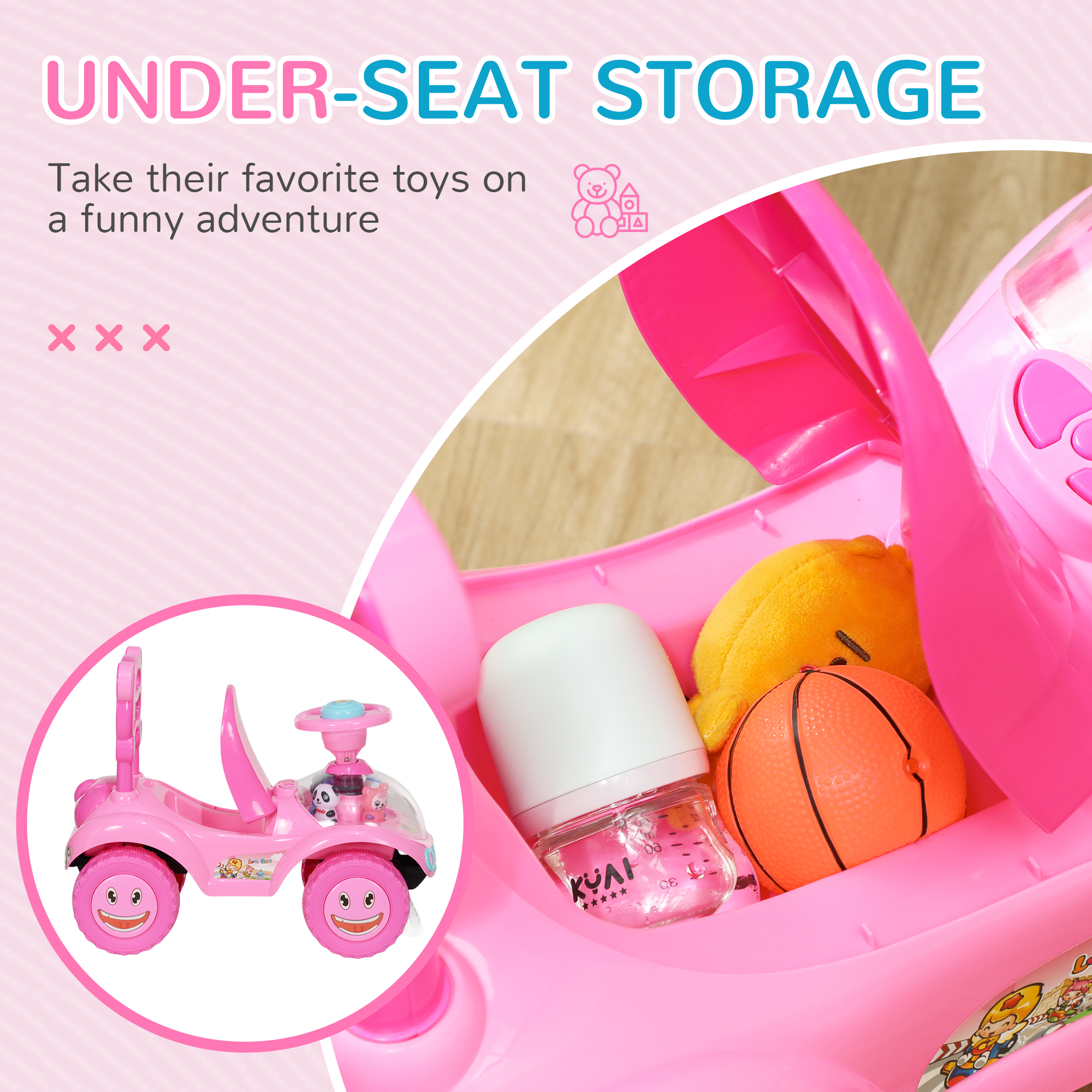 AIYAPLAY Foot to Floor oddler Ride on Toy w/ Music, Light, Horn, Under Seat Storage, Anti-Over-Backwards Device, Pink 6