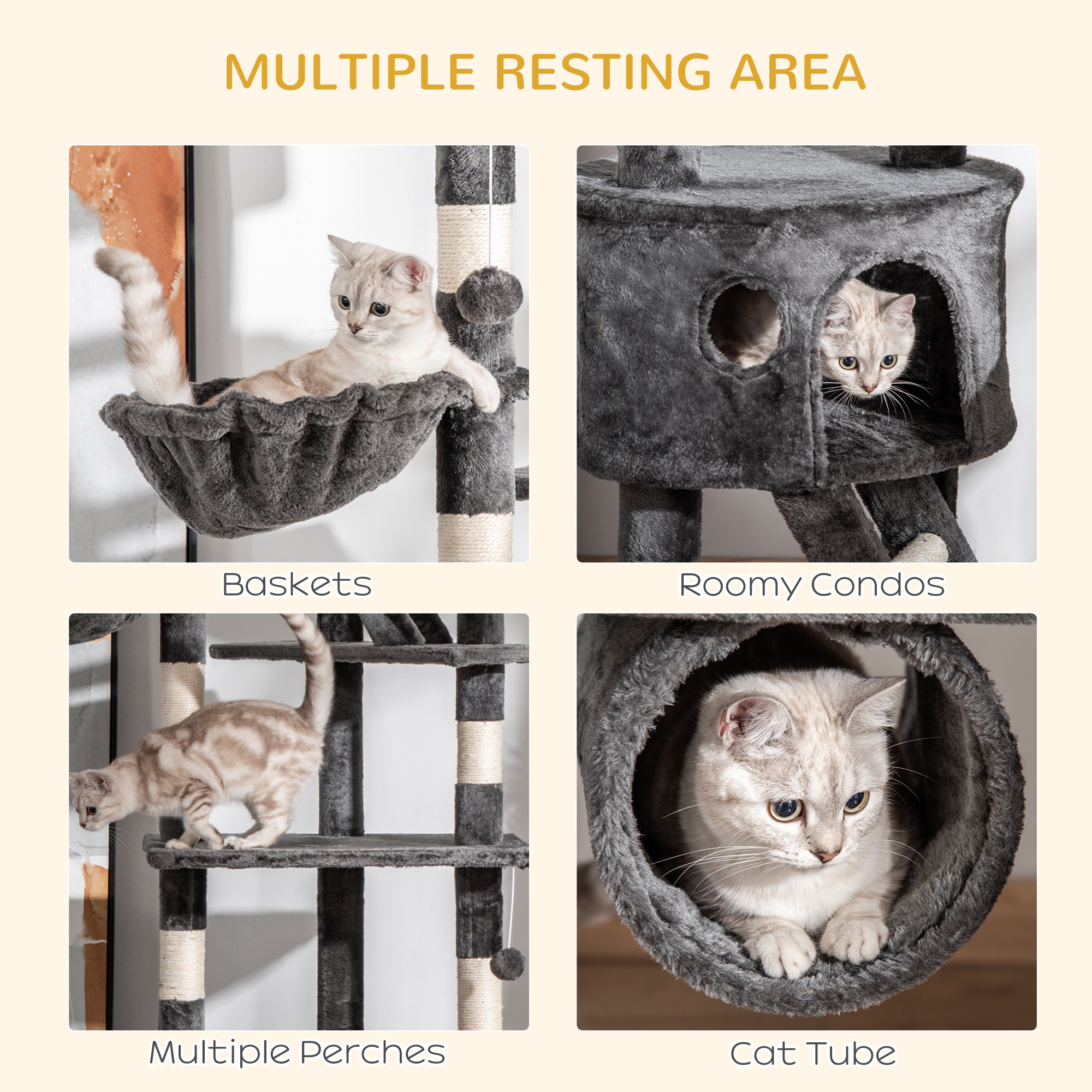 PawHut Floor-to-Ceiling Cat Tree for Indoor Cats, 240-260cm Adjustable Cat Tree Dark Grey 7