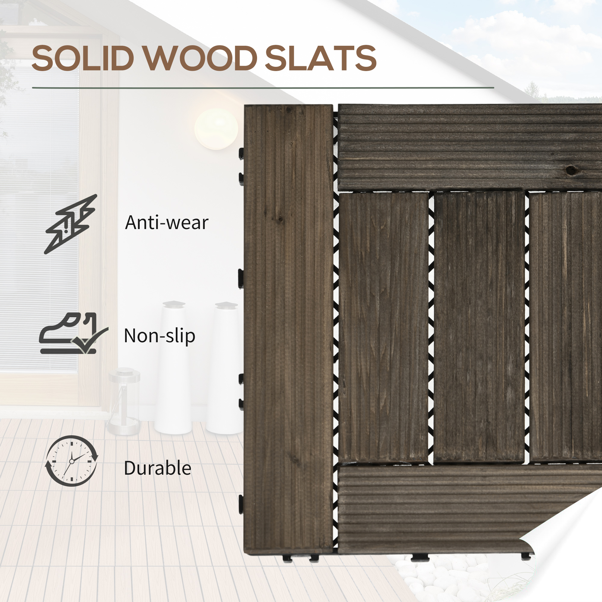 Outsunny 27 Pcs Wooden Interlocking Decking Tiles, 30 x 30 cm Outdoor Flooring Tiles, 2.5㎡ per Pack, for Patio, Balcony, Terrace, Hot Tub, Charcoal Grey 4