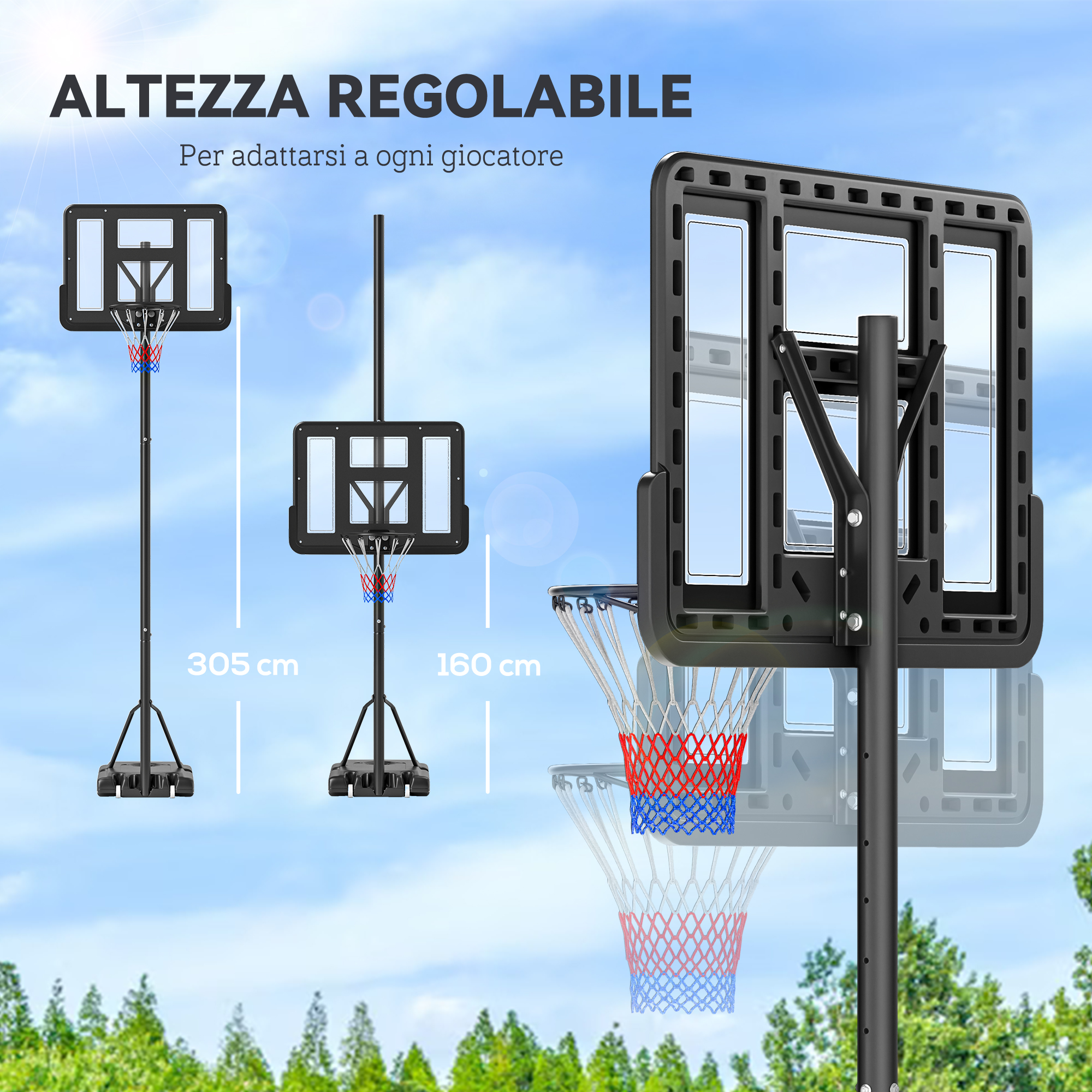 SPORTNOW Canestro Da Basket Regolabile 180-270 Cm, Con Base Riempibile E Ruote, Tabellone Infrangibile, Nero