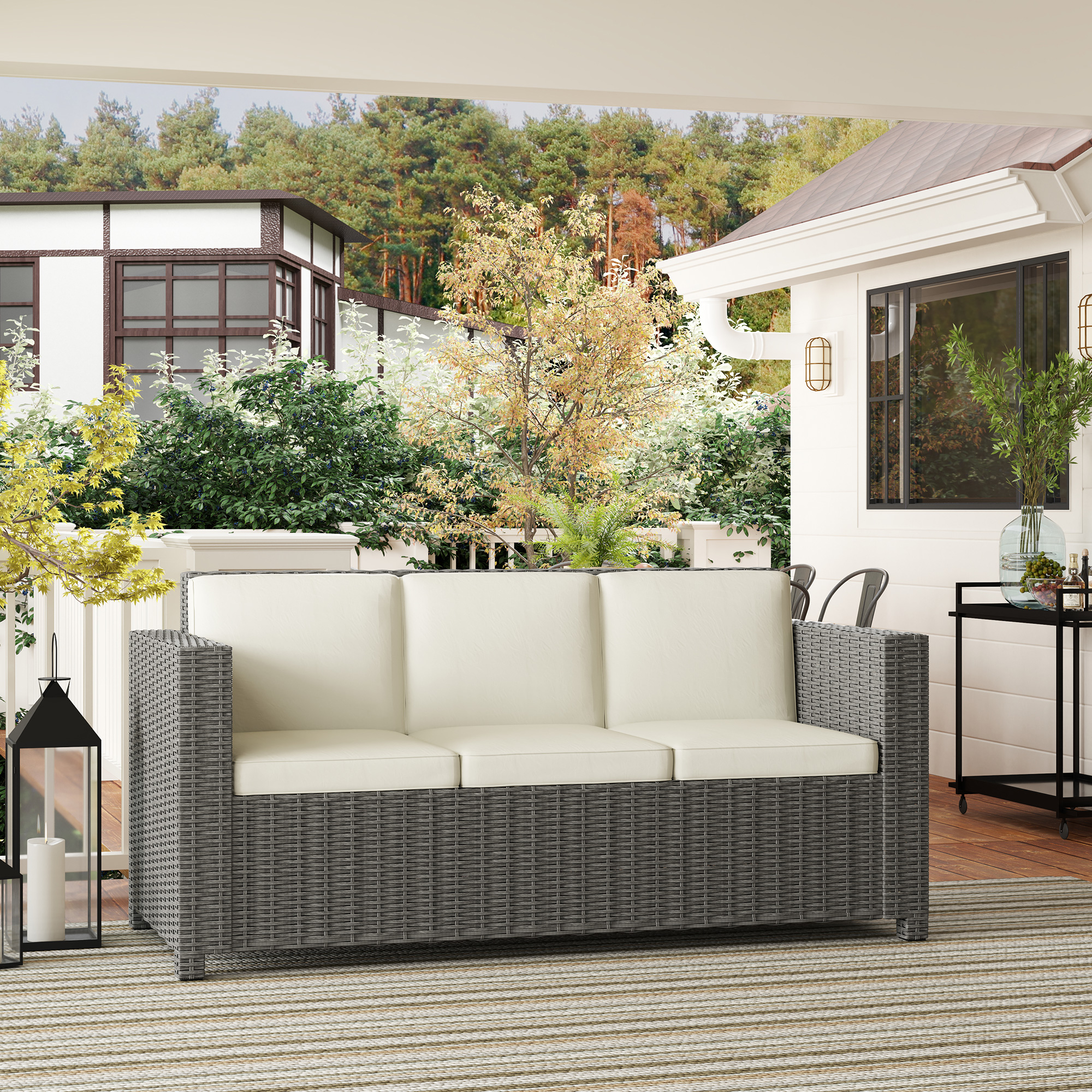 Outsunny 3 Seater Rattan Sofa All-Weather Wicker Weave Metal Frame Chair with Fire Resistant Cushio-Cream 9